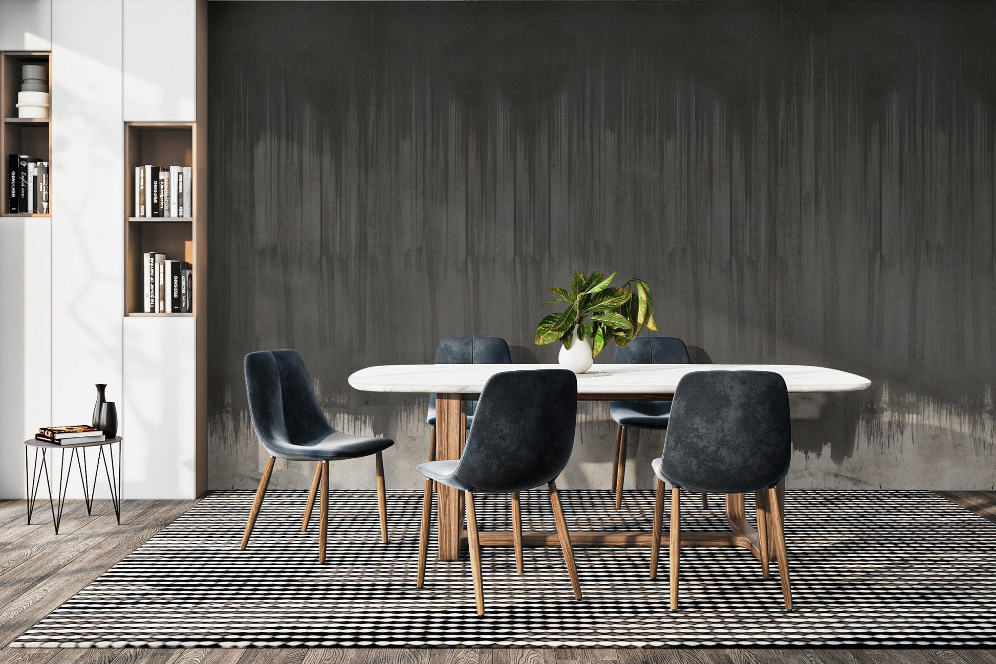 Misty woodland wallpaper in dark tones
