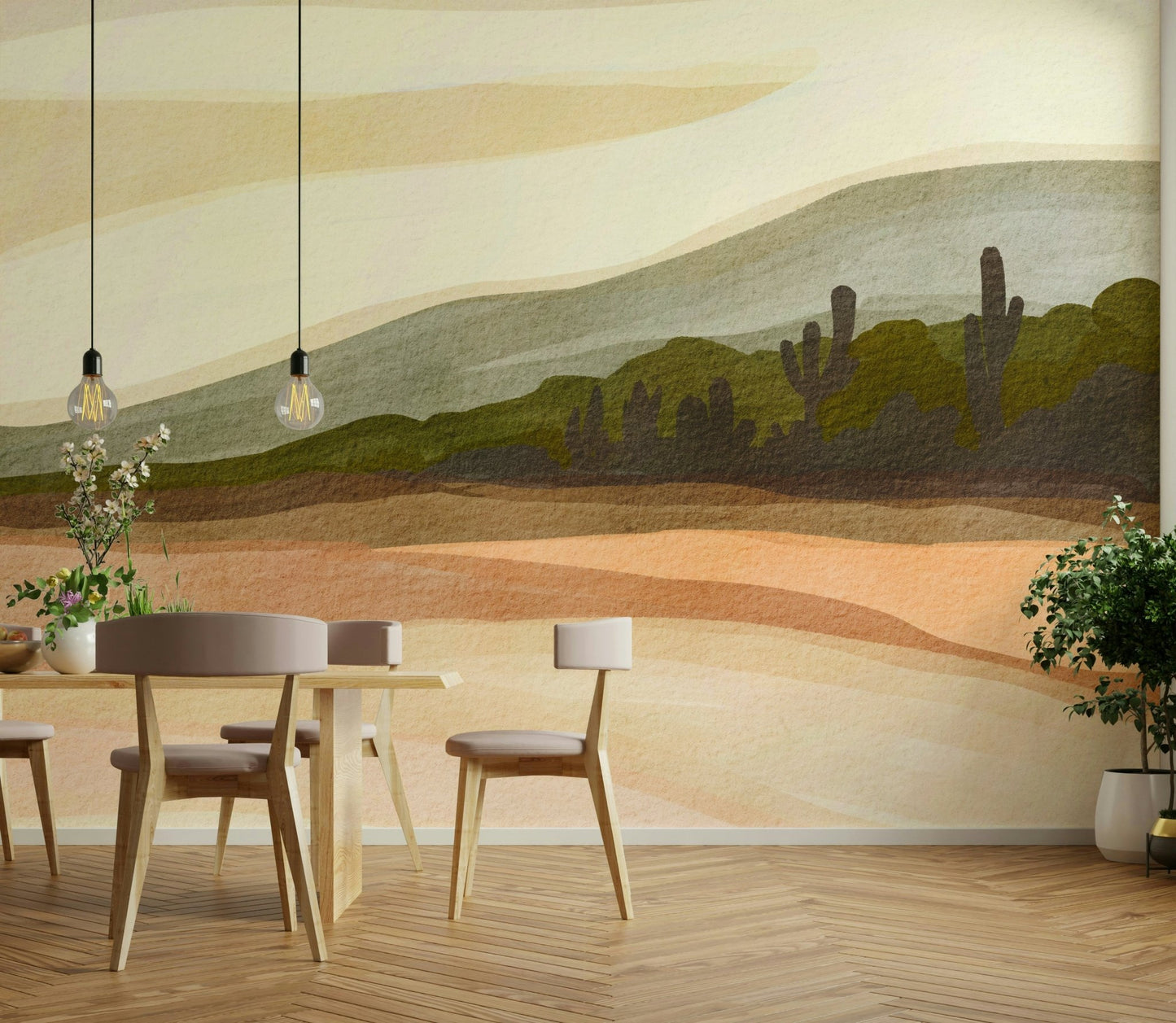 Creative space with warm earth tone wallpaper

