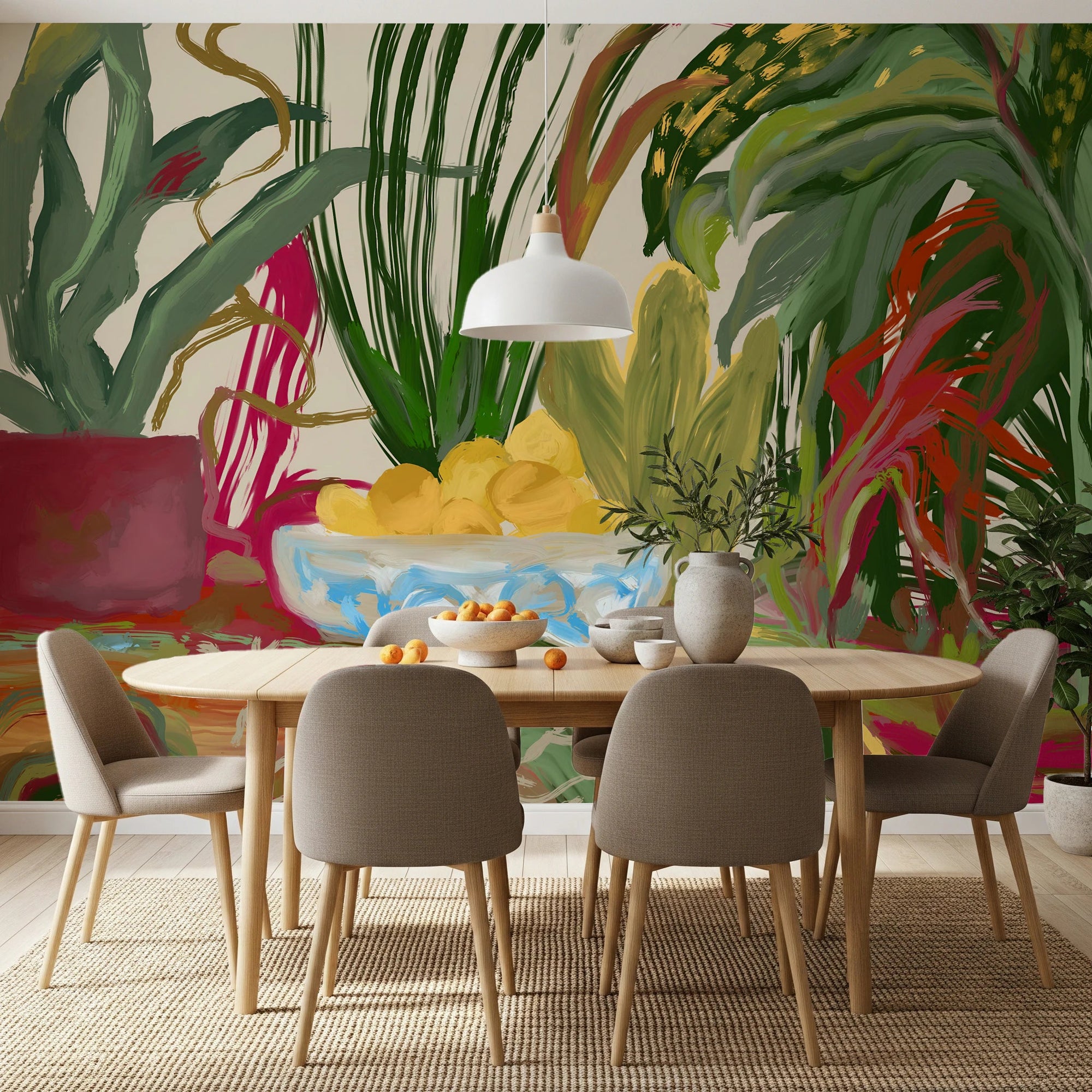 Dining room with Abstract Eden lemon wall mural and bold botanical brushwork, GD8830
