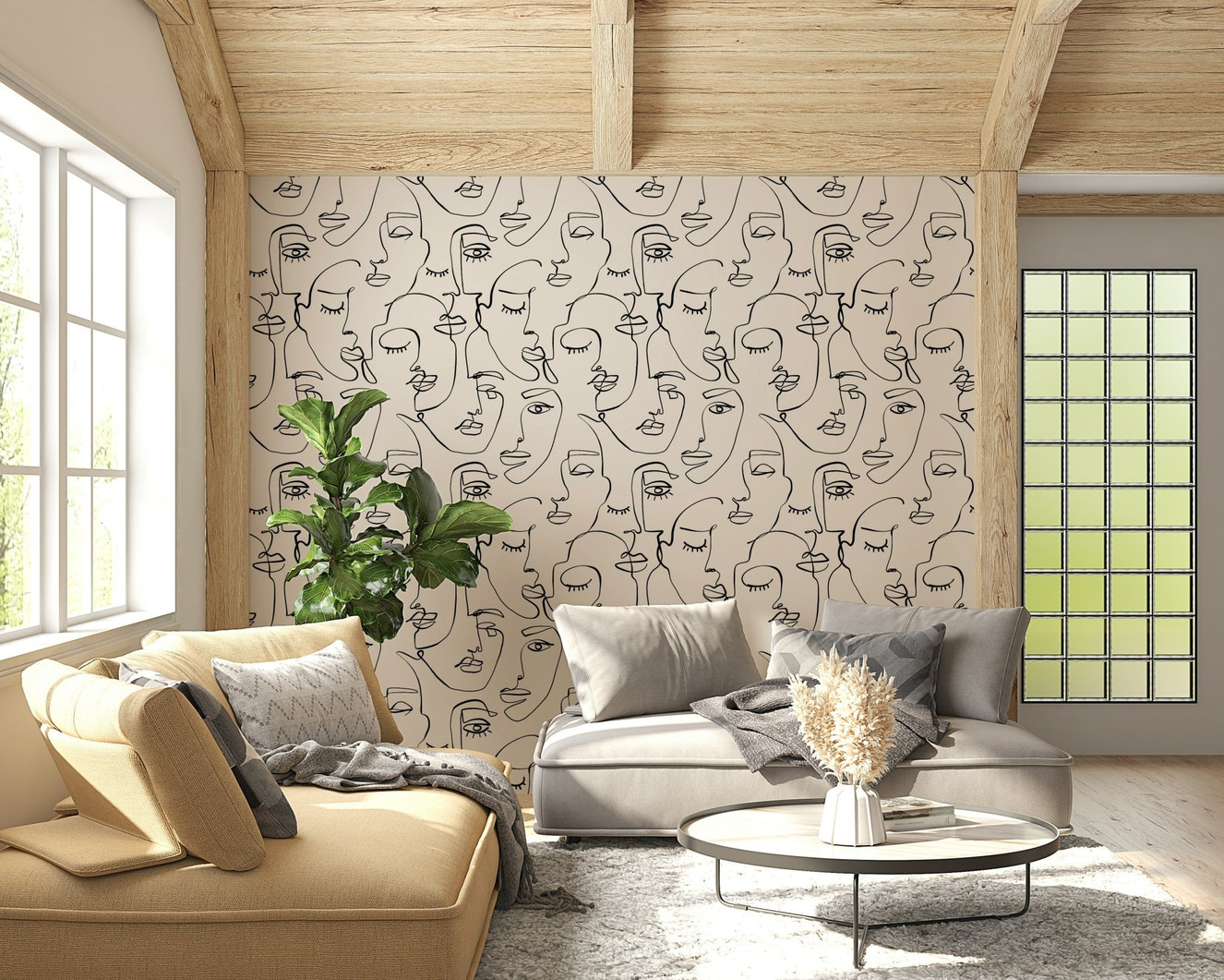 Abstract Faces Line Art Wallpaper in a minimalist living room.