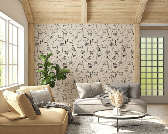 Abstract Faces Line Art Wallpaper in a minimalist living room., GD7818