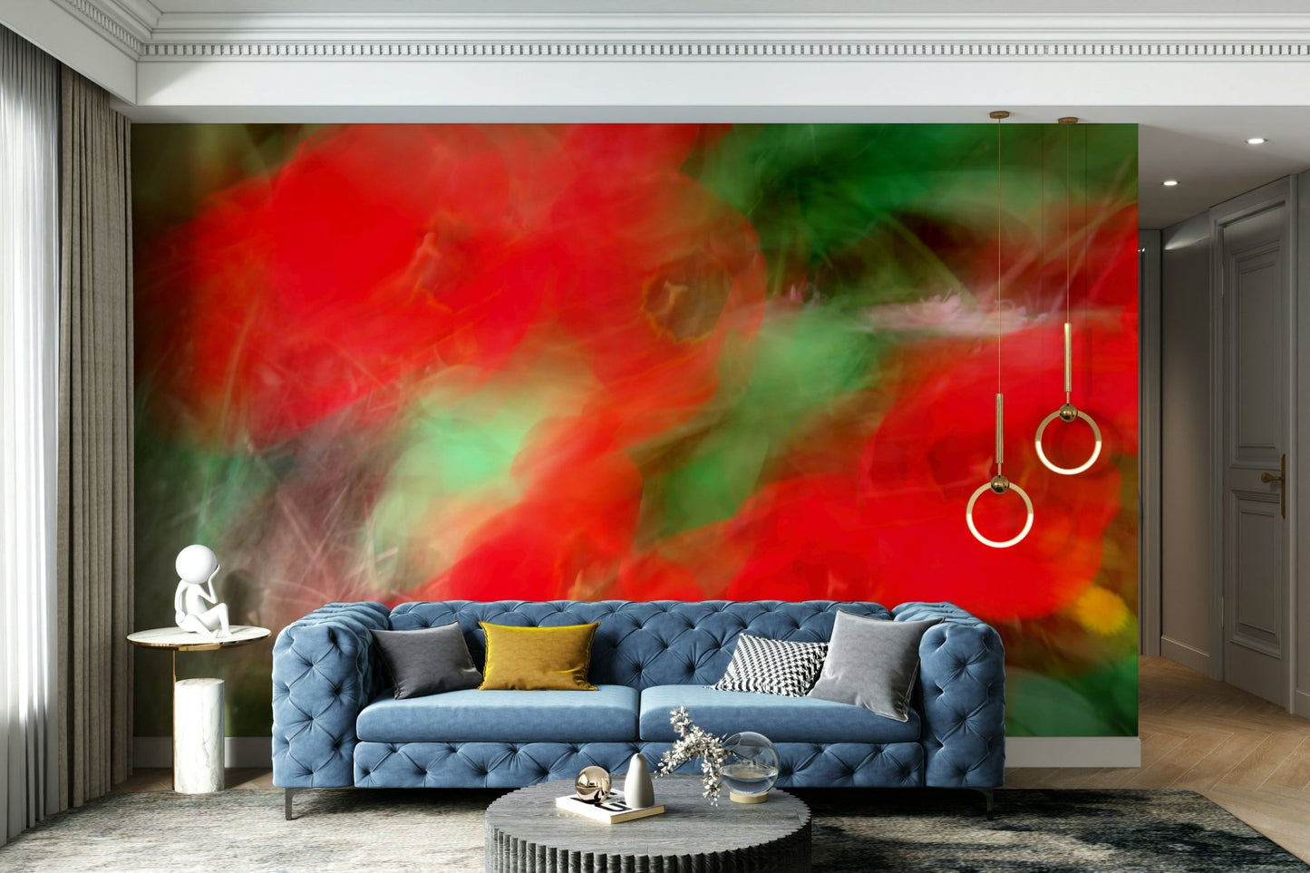 The wallpaper is applied seamlessly, making the entire wall a single piece of art.

