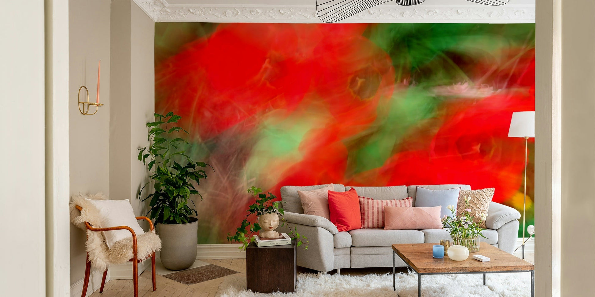 The wall mural is the main feature on a contemporary room wall.

