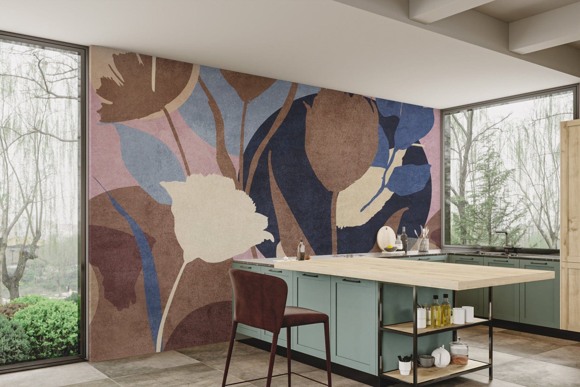 Layered floral mural with abstract accents
