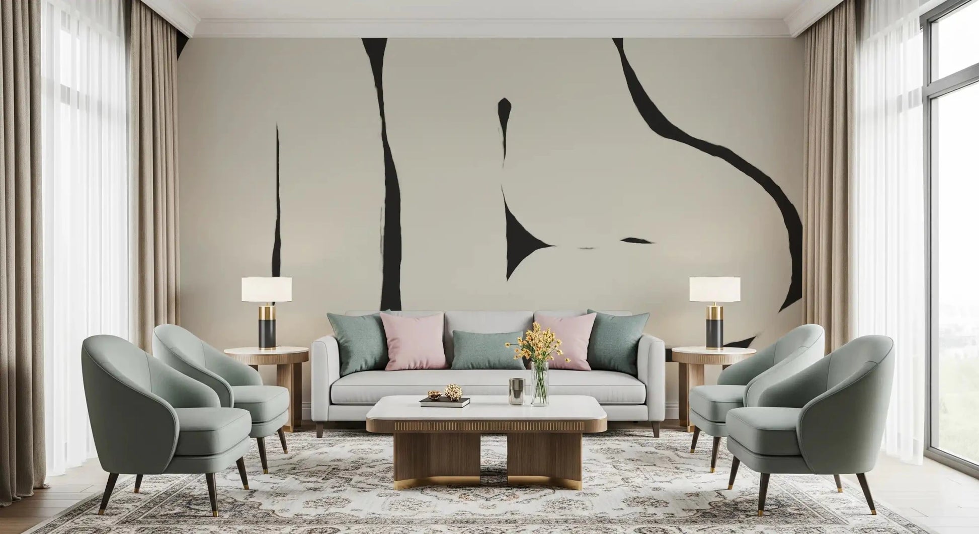 Minimal beige wall mural Abstract Flow soft curve layout