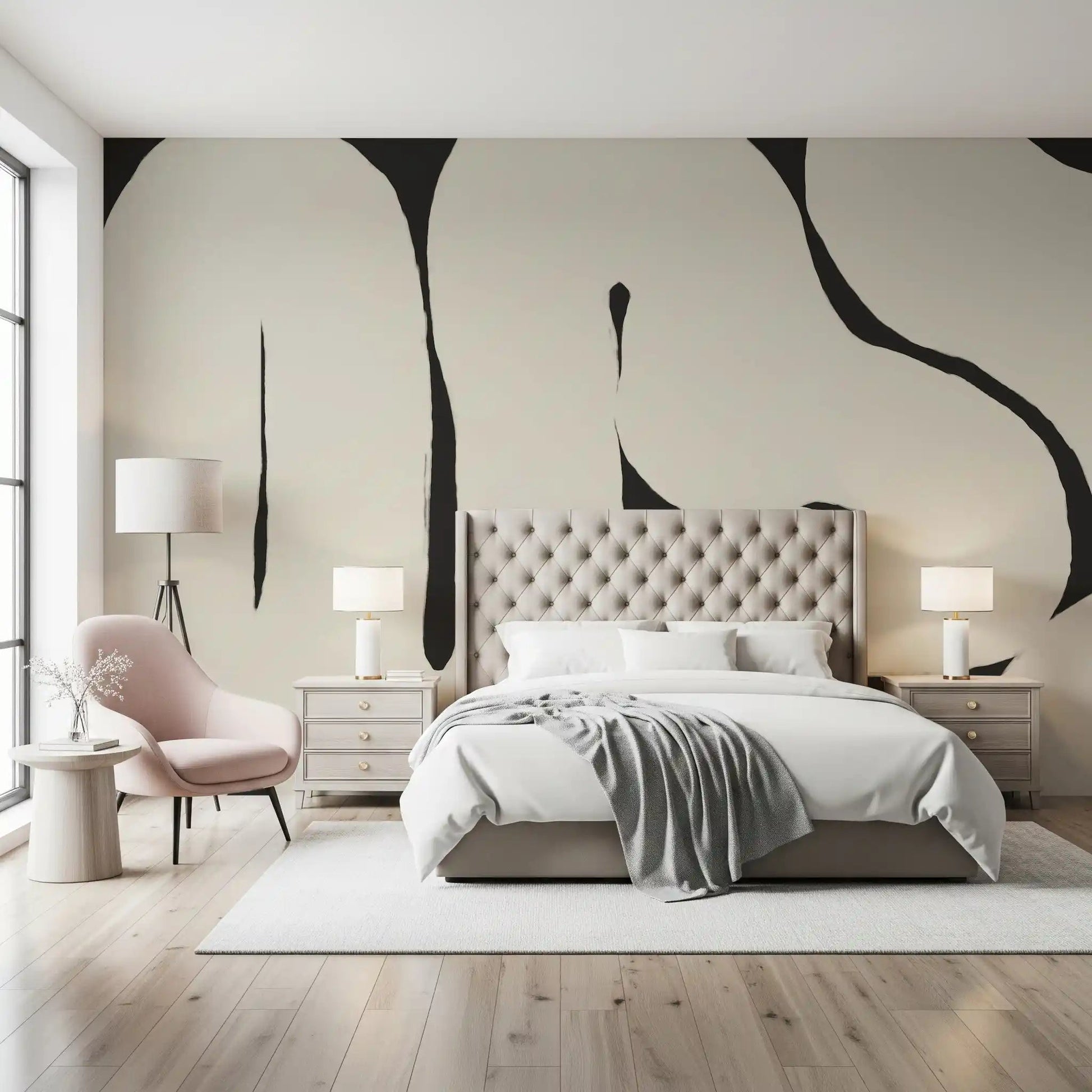 Bedroom styled Abstract Flow Neutral Curves mural soft shapes