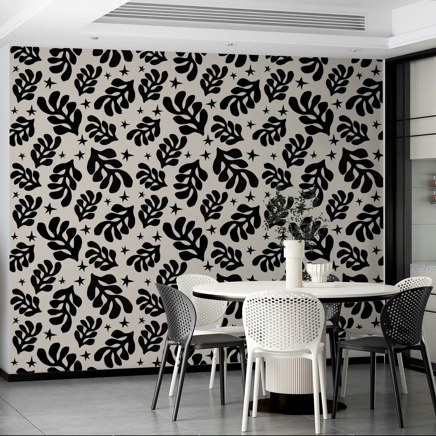 A close-up shot of the abstract foliage on the wallpaper.

