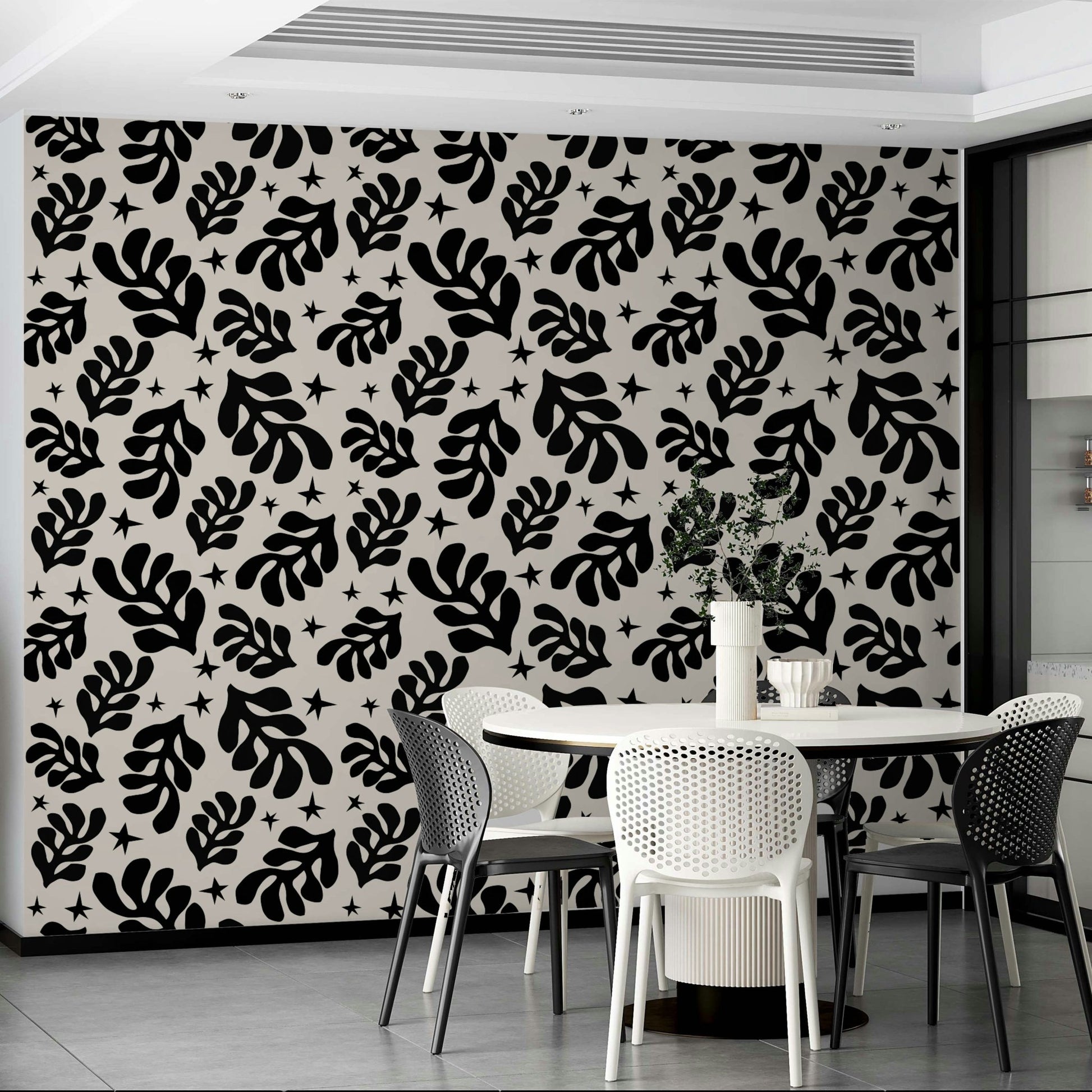 A close-up shot of the abstract foliage on the wallpaper.

