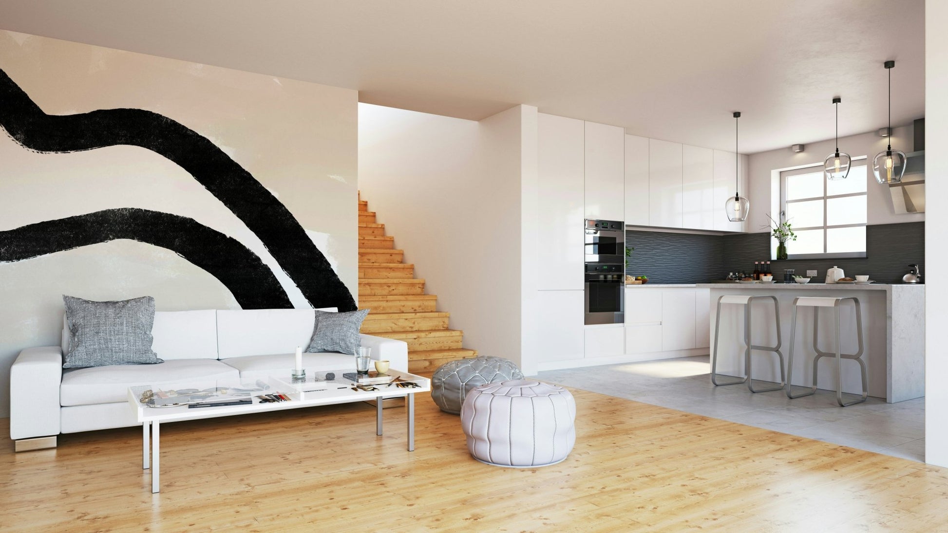 An artistic abstract shape mural on elegant wallpaper.

