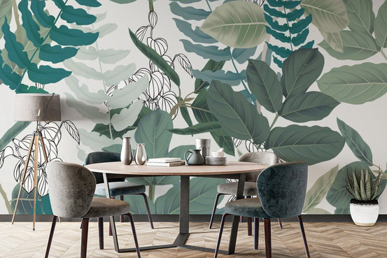 Green and white botanical wall mural for dining area tropical-11
