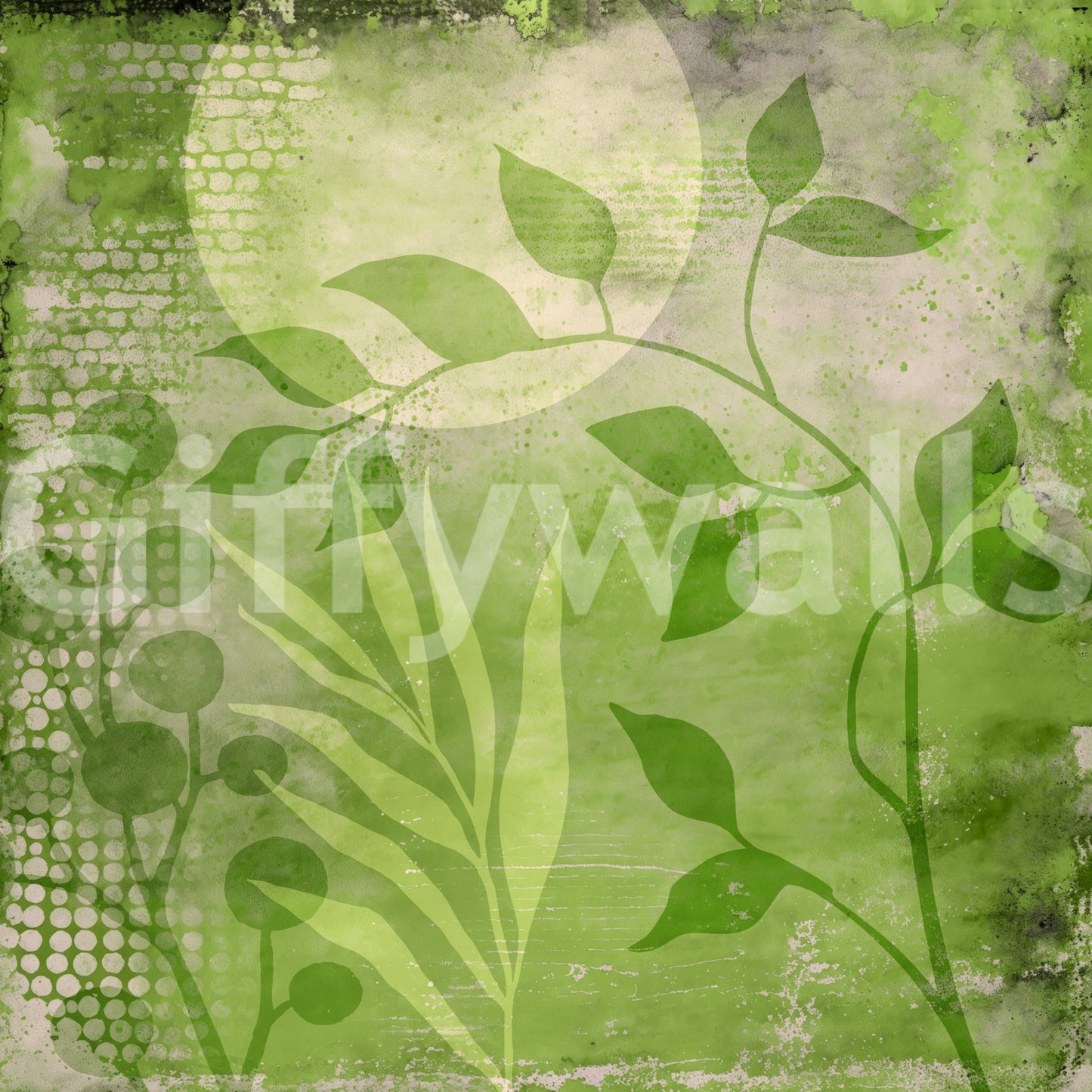 Fresh abstract greenery wall mural for modern spaces., GD1508