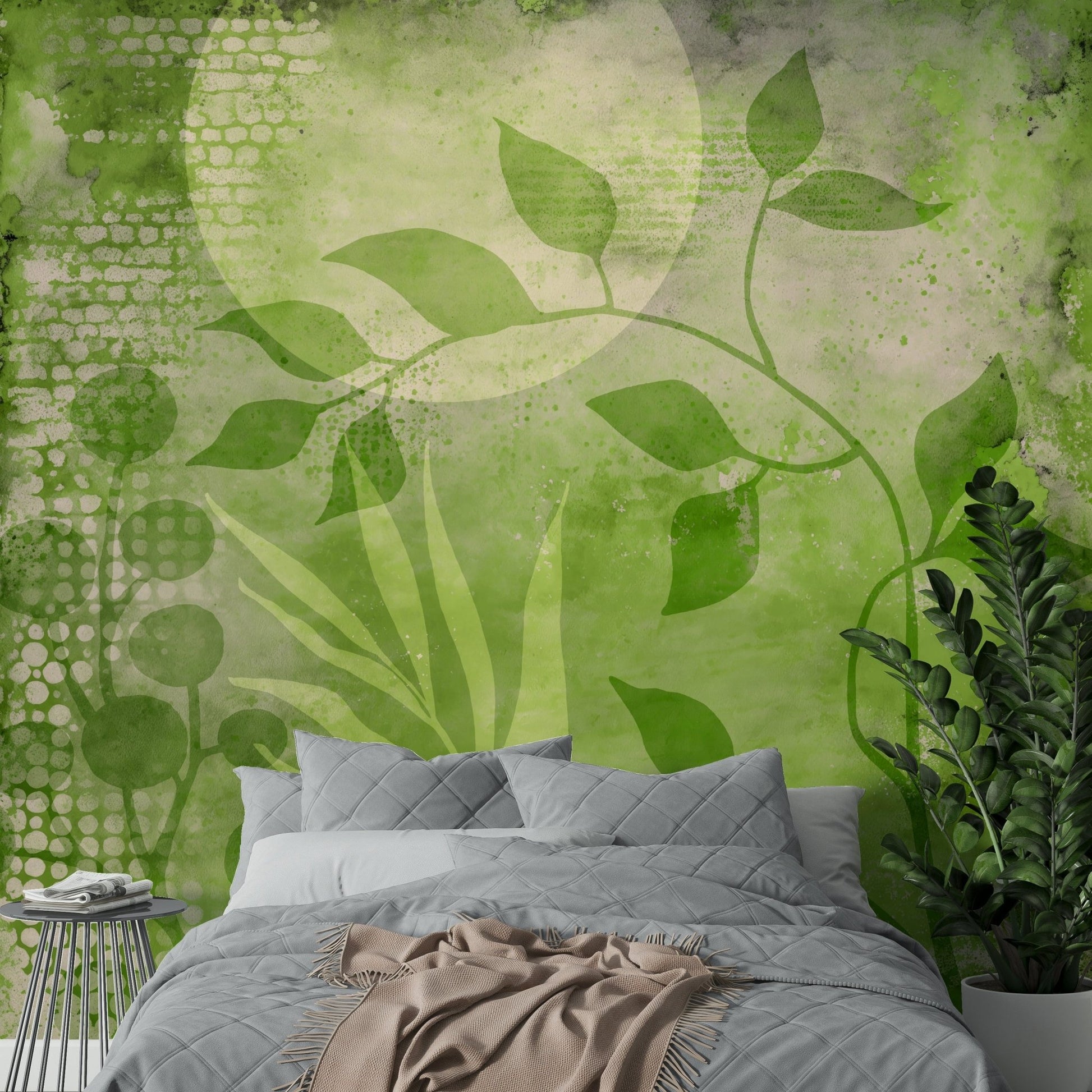 Contemporary mixed media greenery mural for interiors., GD1508