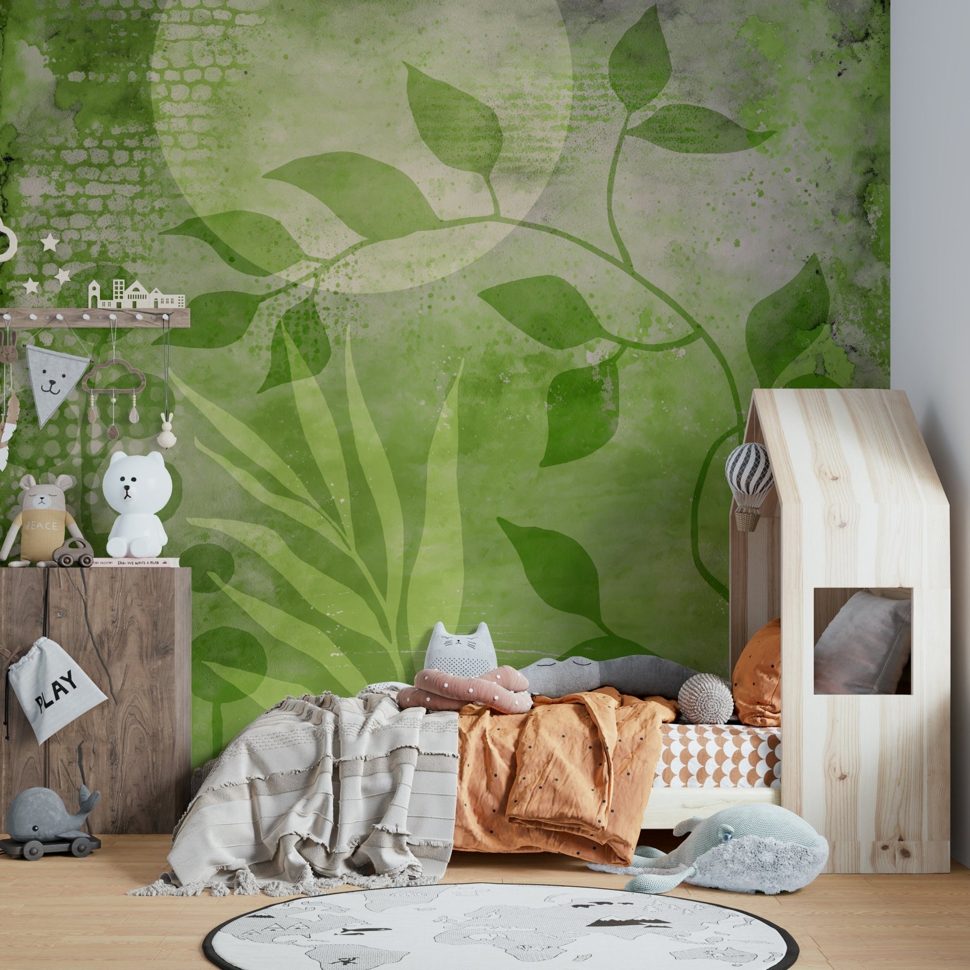 Greenery-themed abstract mixed media wall art mural., GD1508