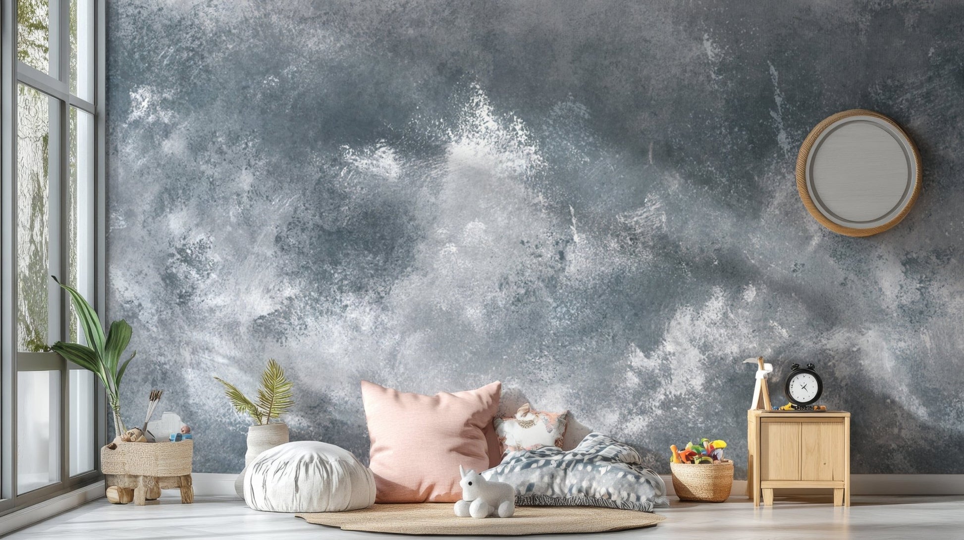 Dynamic abstract grey grunge mural for contemporary spaces. B652
