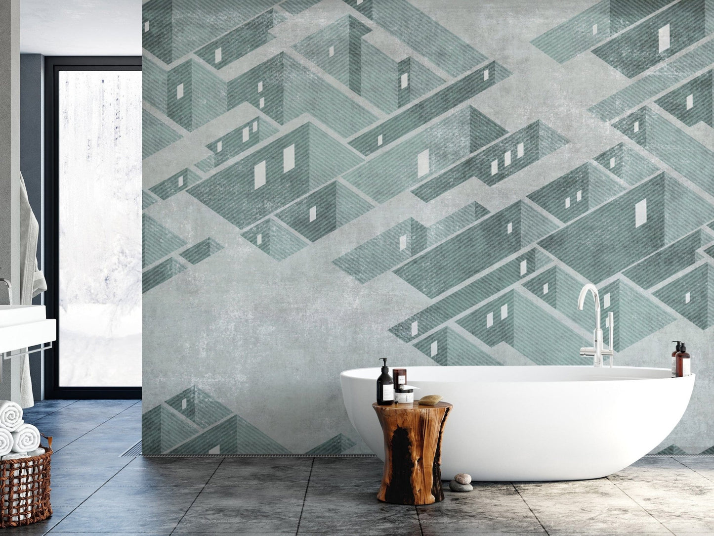 Architectural geometric maze wall mural

