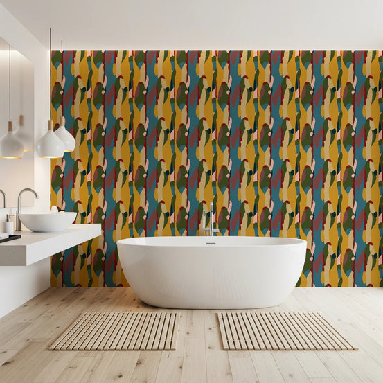 Abstract Harmony wallpaper with bathroom layered geometry shapes in mustard and teal, GD8825