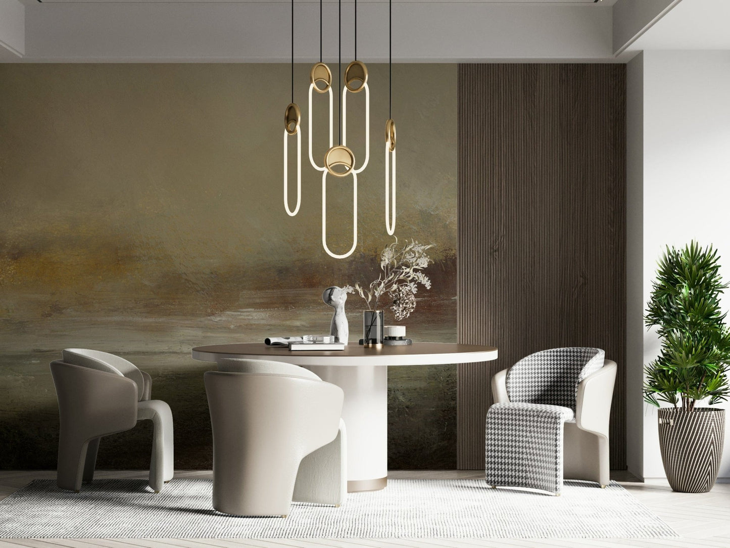 A peaceful modern abstract mural on decorative wallpaper.