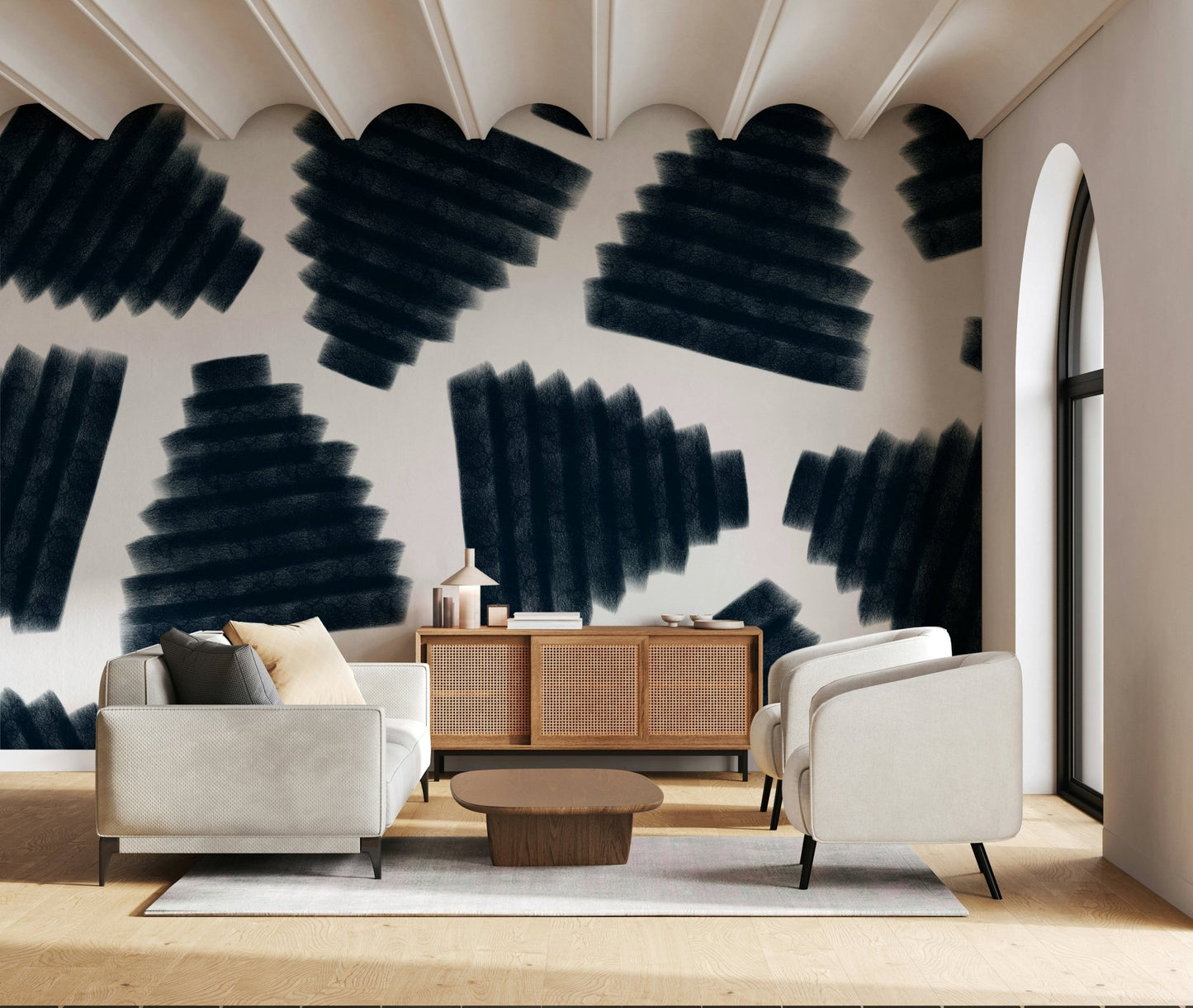 Modern decor accenting the flowing lines of the Abstract Indigo wallpaper., GD6335