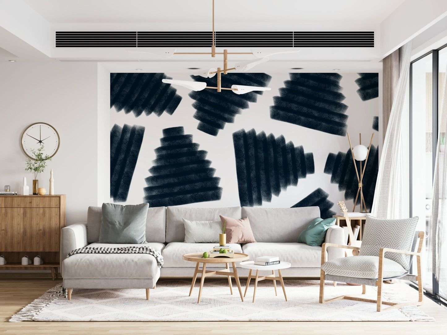 The flowing design of the Abstract Indigo Wall Mural in a sophisticated office., GD6335