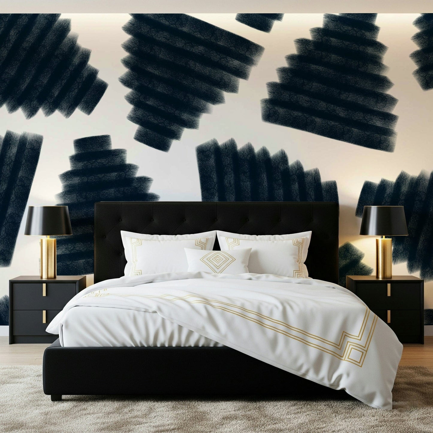 Ink wash style wallpaper for walls behind a rustic wooden bench., GD6335