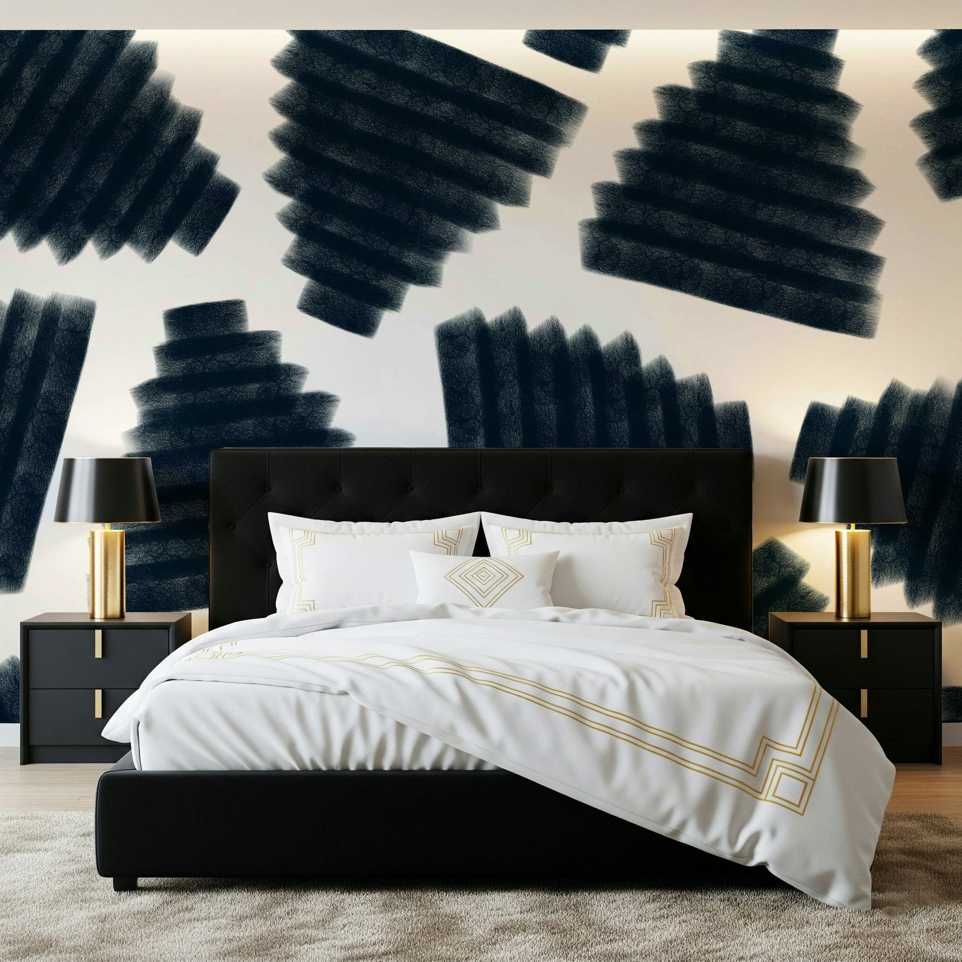 Ink wash style wallpaper for walls behind a rustic wooden bench., GD6335