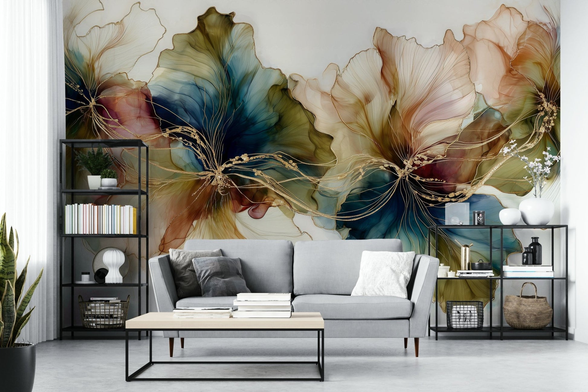Soft ink strokes on flower wall mural, GD2633