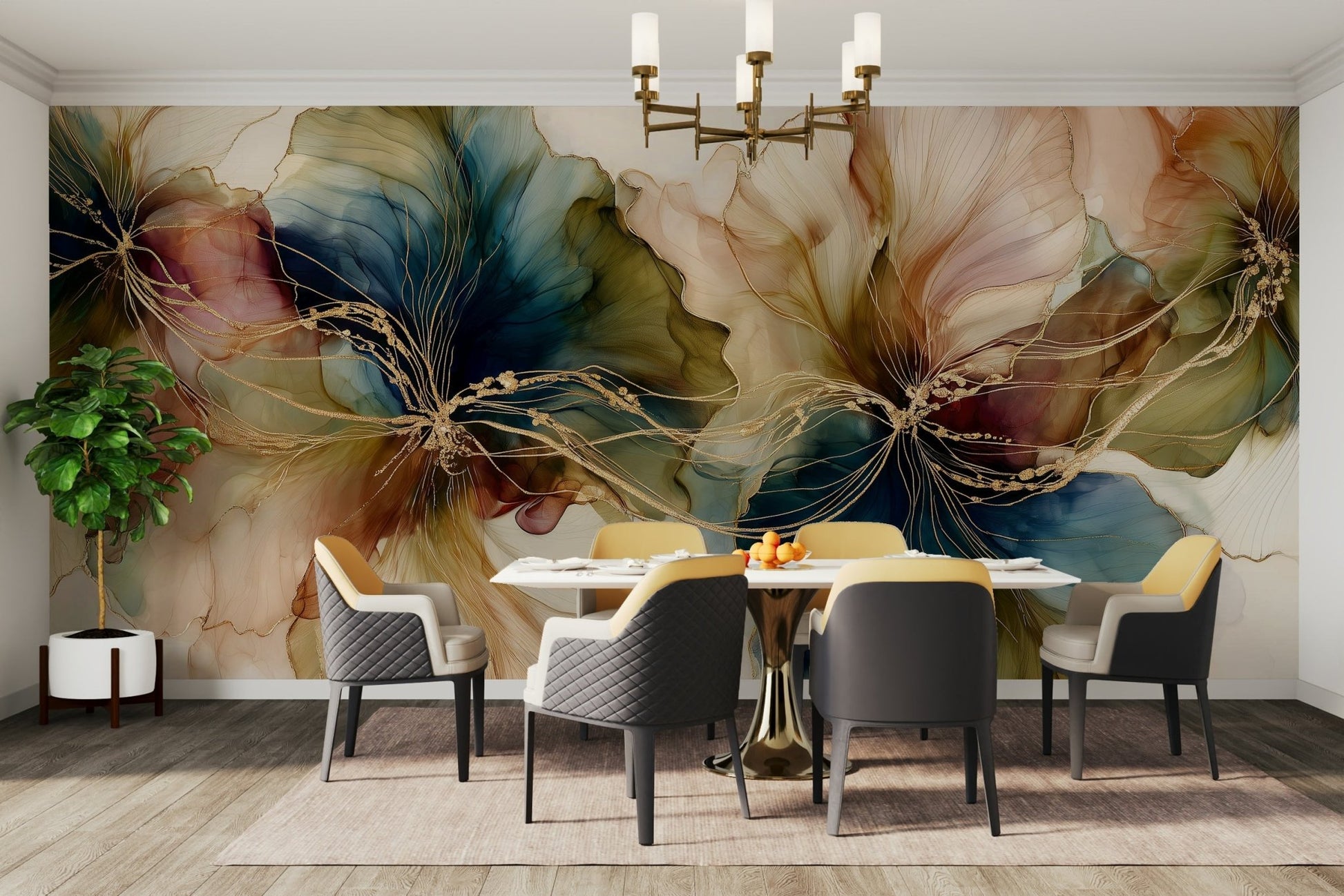 Abstract mural wallpaper with floral lines, GD2633