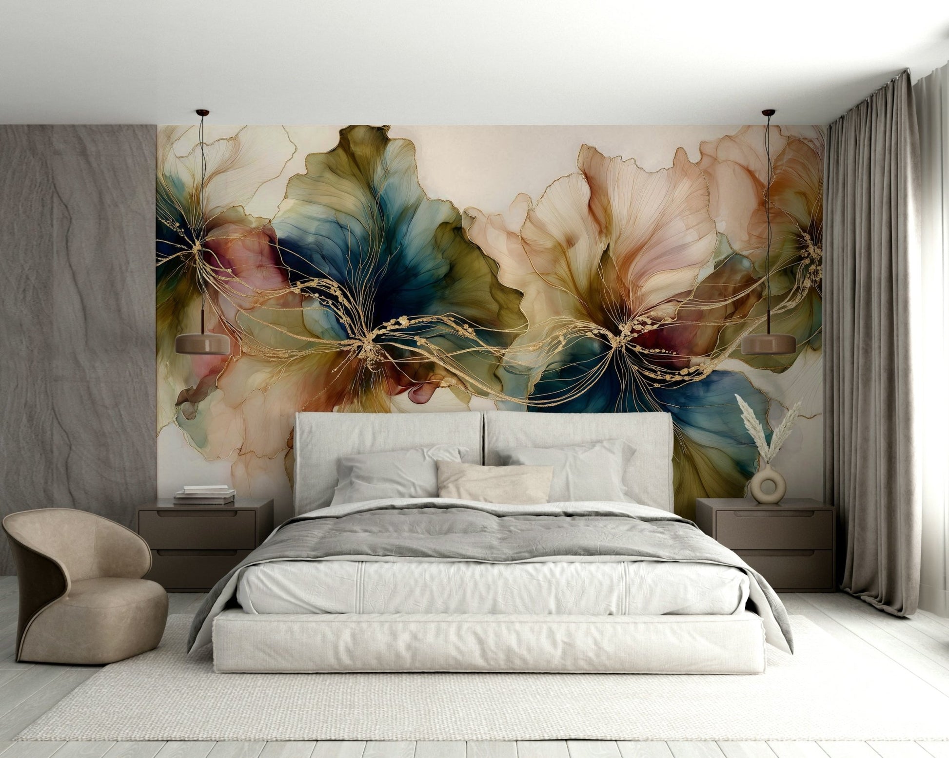 Flowing ink floral mural wallpaper design, GD2633