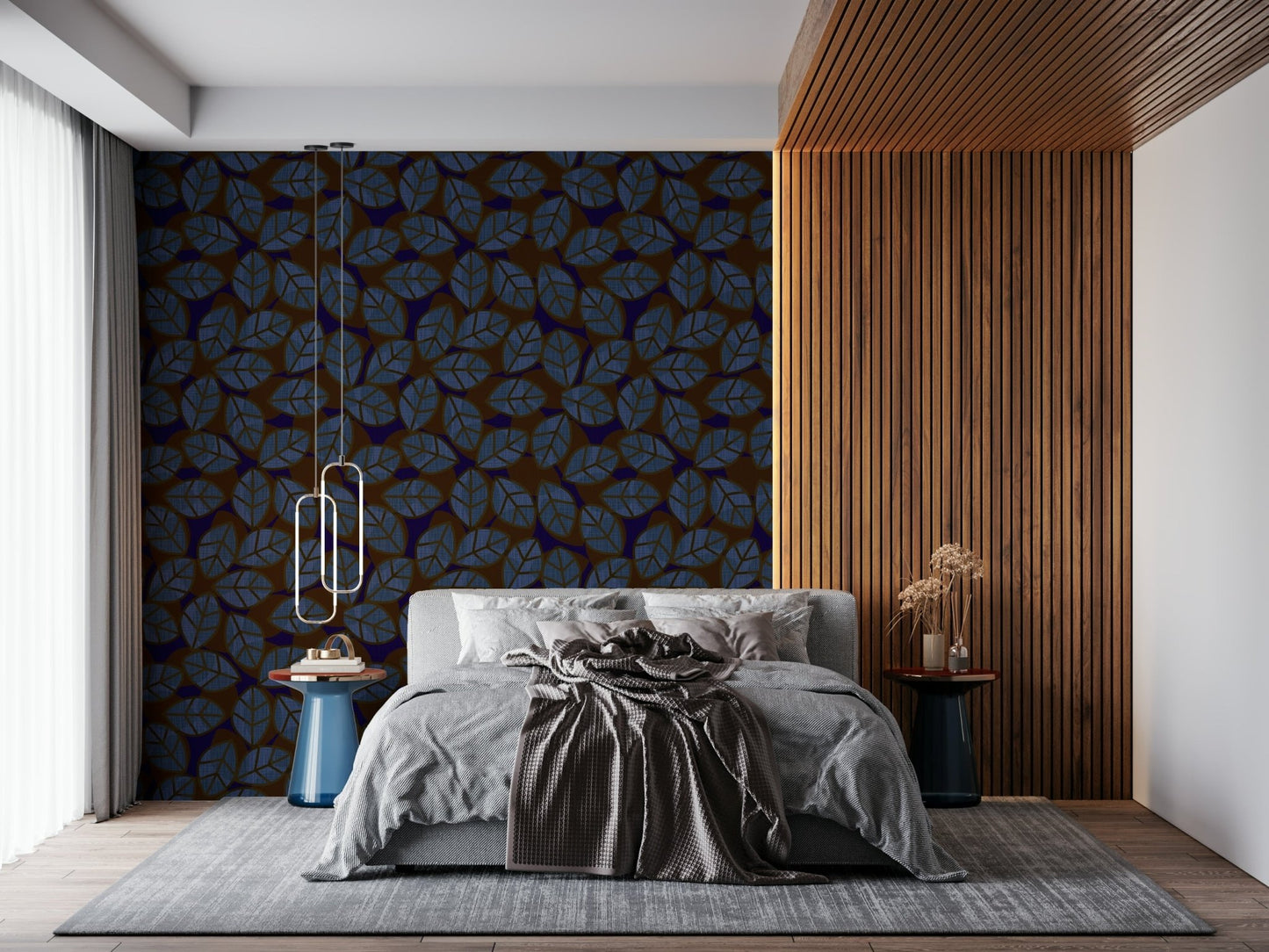 A calming abstract design wallpaper mural that defines a space.