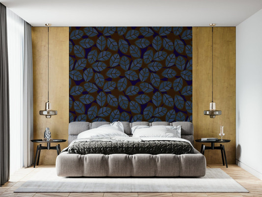 A beautiful dark botanical wallpaper mural with abstract leaves on a moody background.