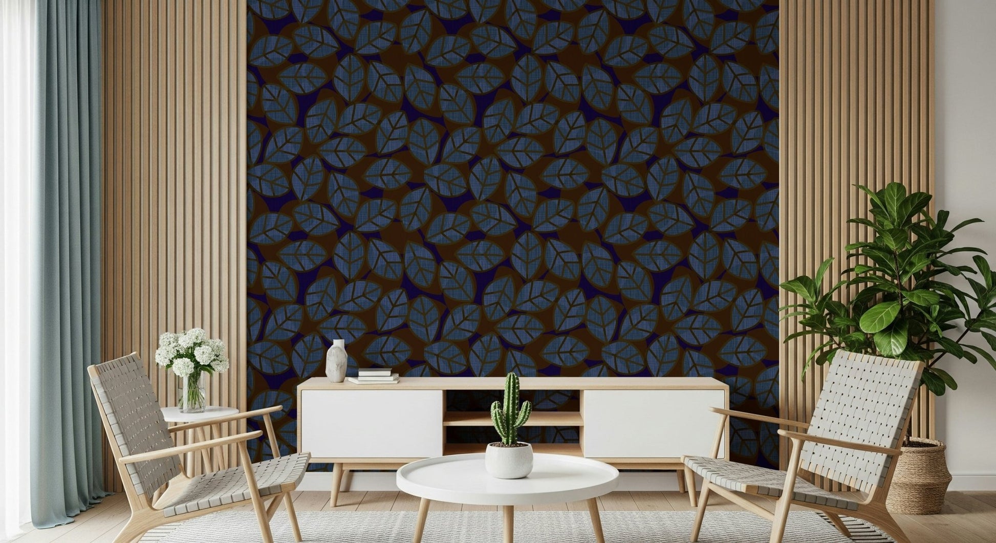 A peaceful modern abstract mural on decorative wallpaper.