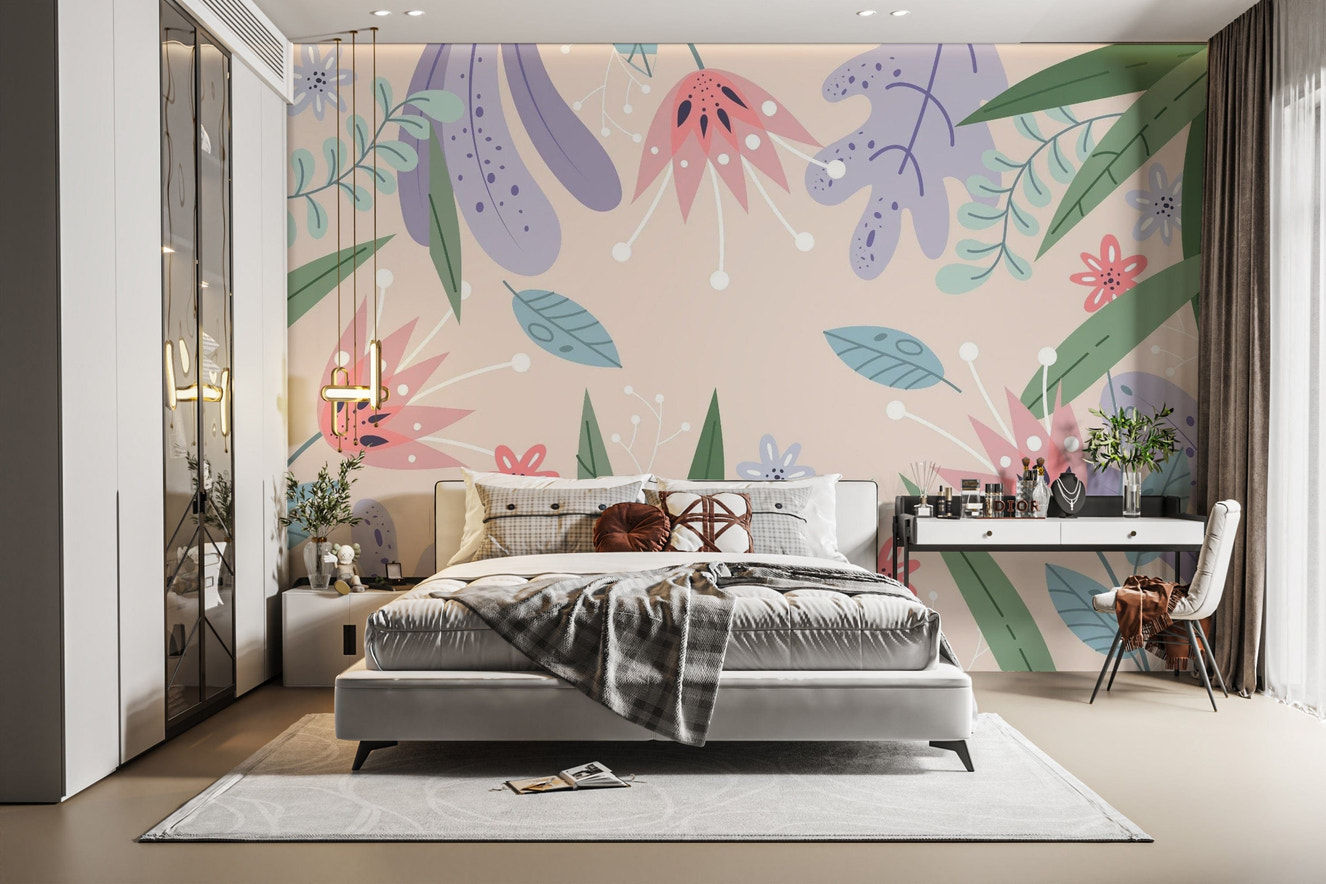 Abstract Leaves Flowers Wallpaper Mural design
