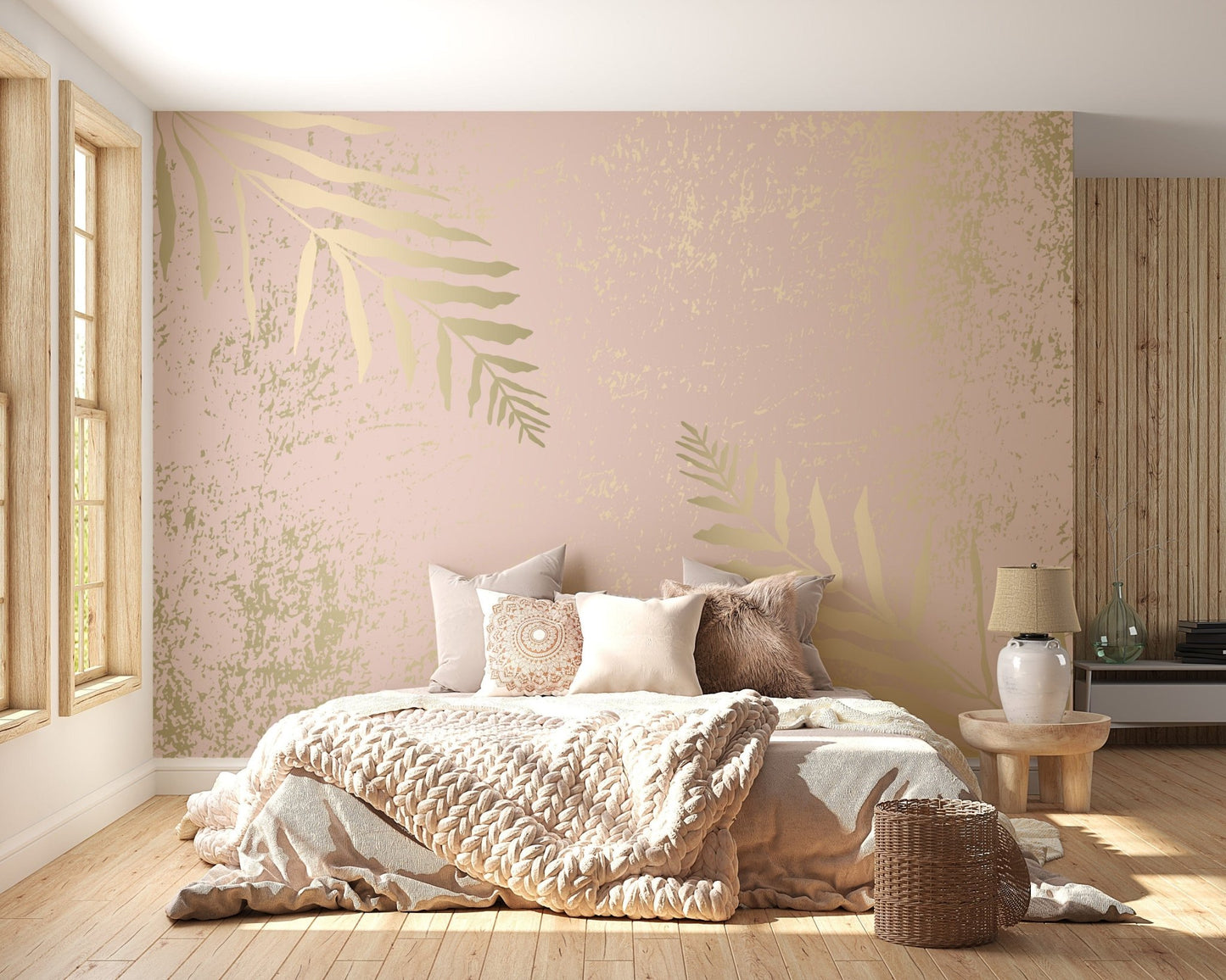 Pink and Gold Leaves Wallpaper Mural - Giffywalls