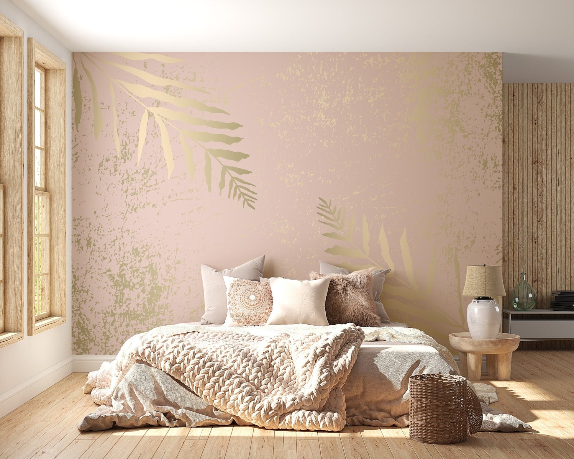 Pink and Gold Leaves Wallpaper Mural - Giffywalls
