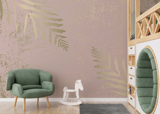 Beige leaves on pink background for chic wallpaper mural. A765