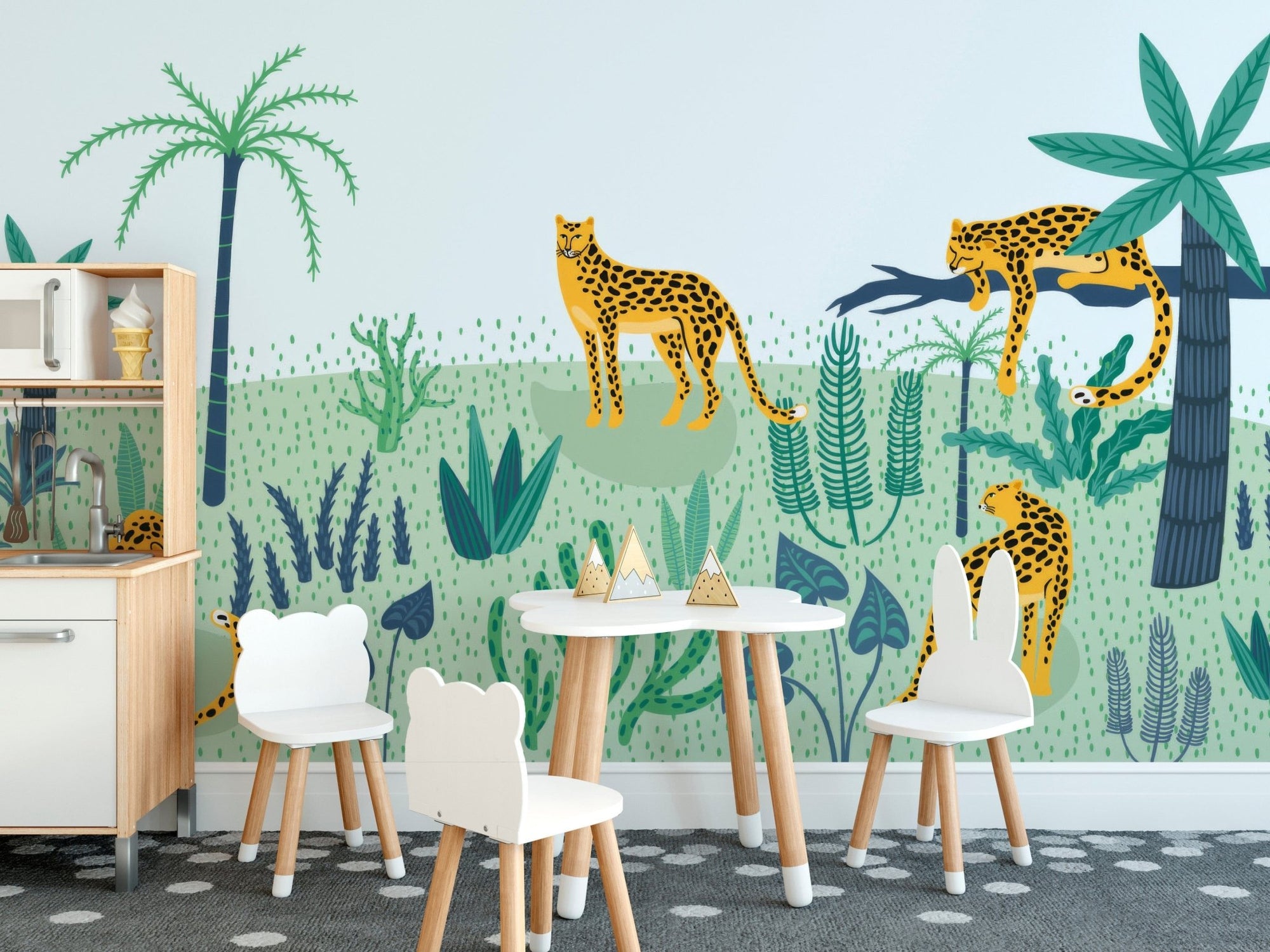 Abstract leopard jungle mural wallpaper with lush greenery, C03