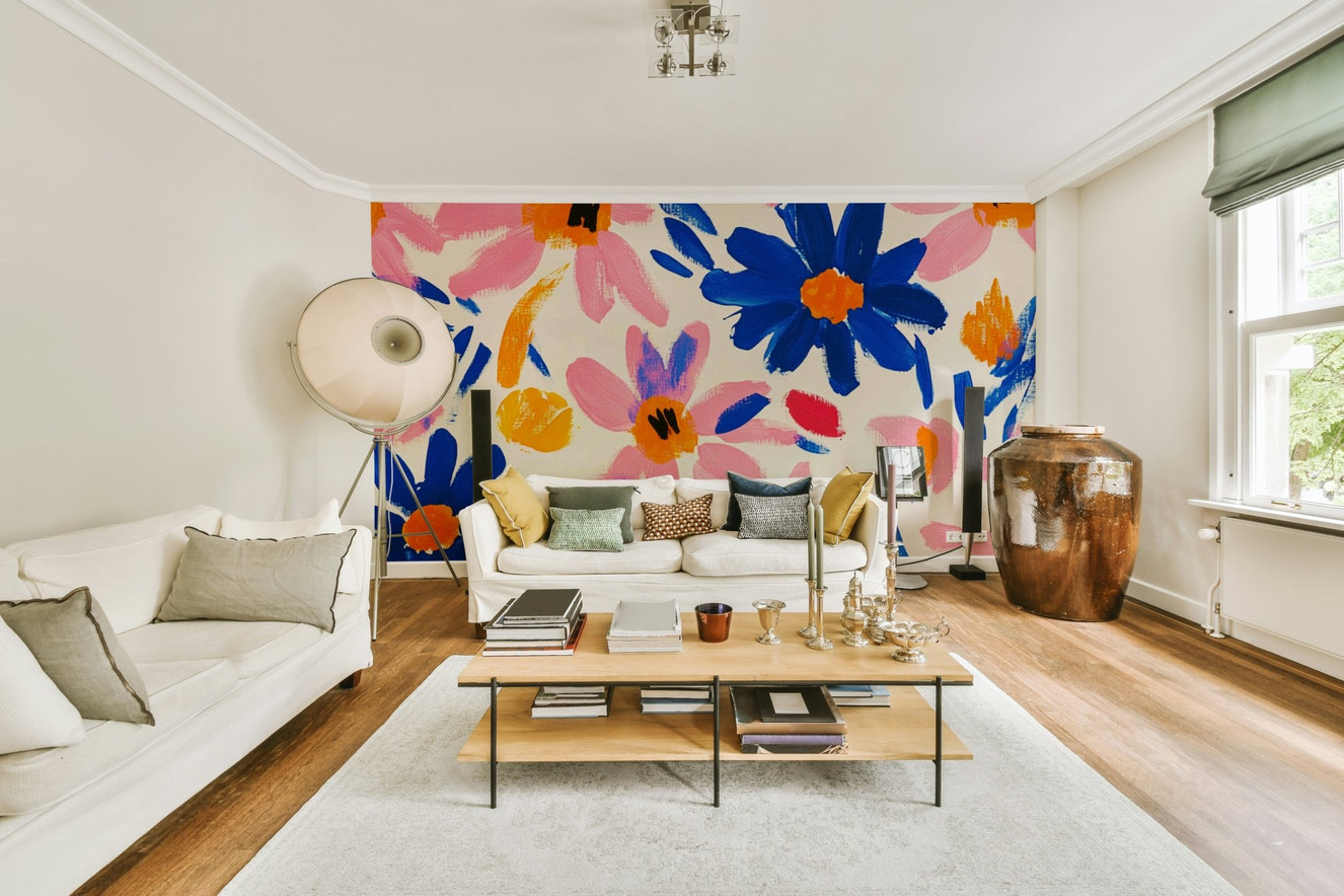 Abstract Matisse-inspired mural with vibrant floral forms

