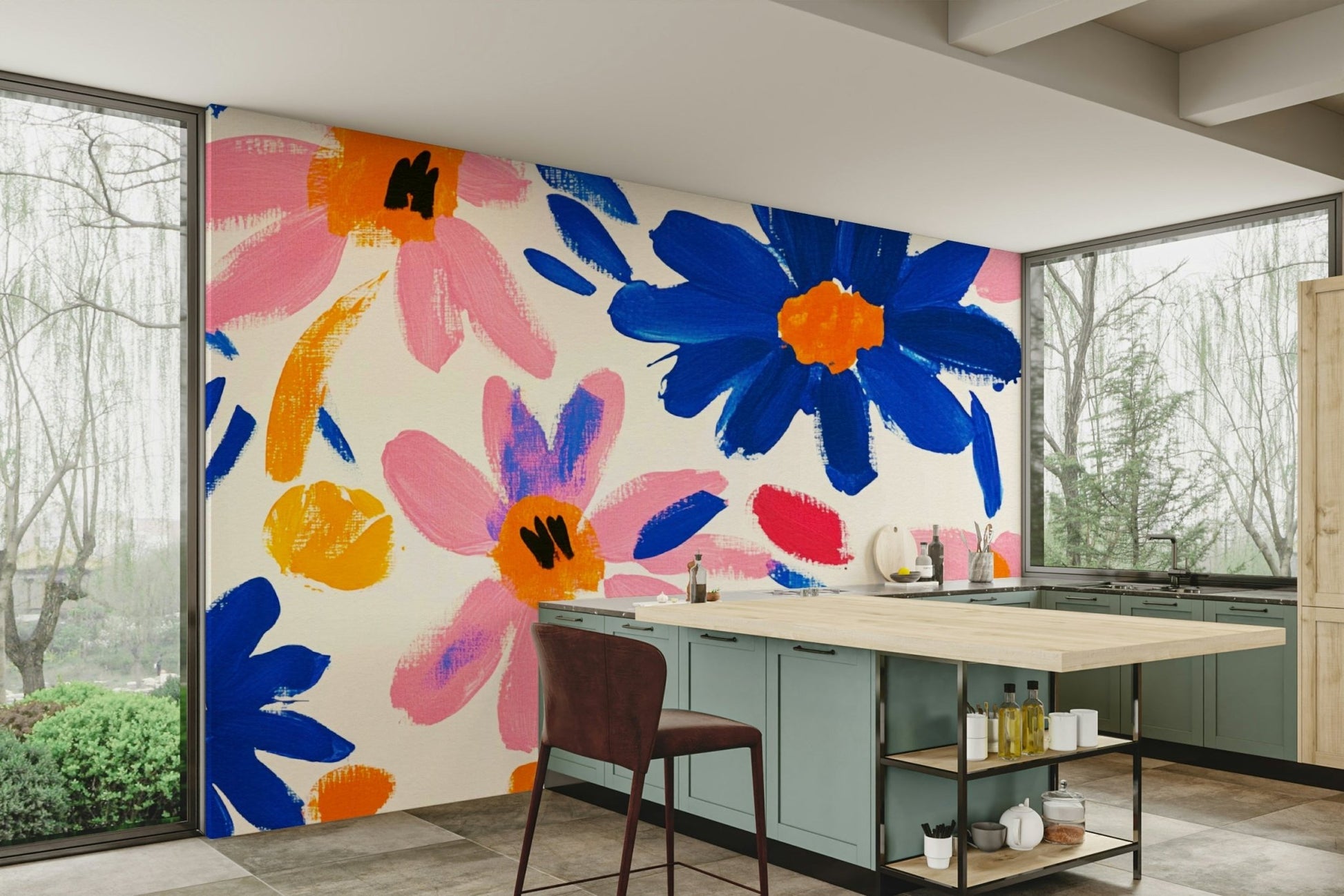 Artistic living room with abstract flower wall mural, GD2147