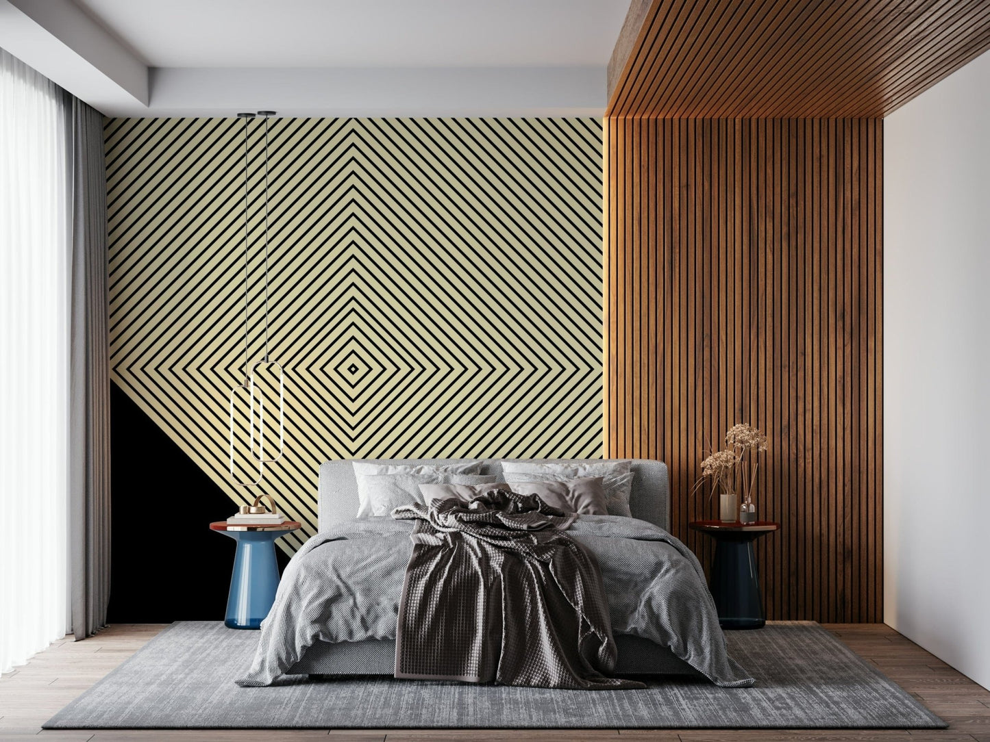 Modern geometric Abstract Monochrome Peak wallpaper featuring yellow and black blocks., GD6692