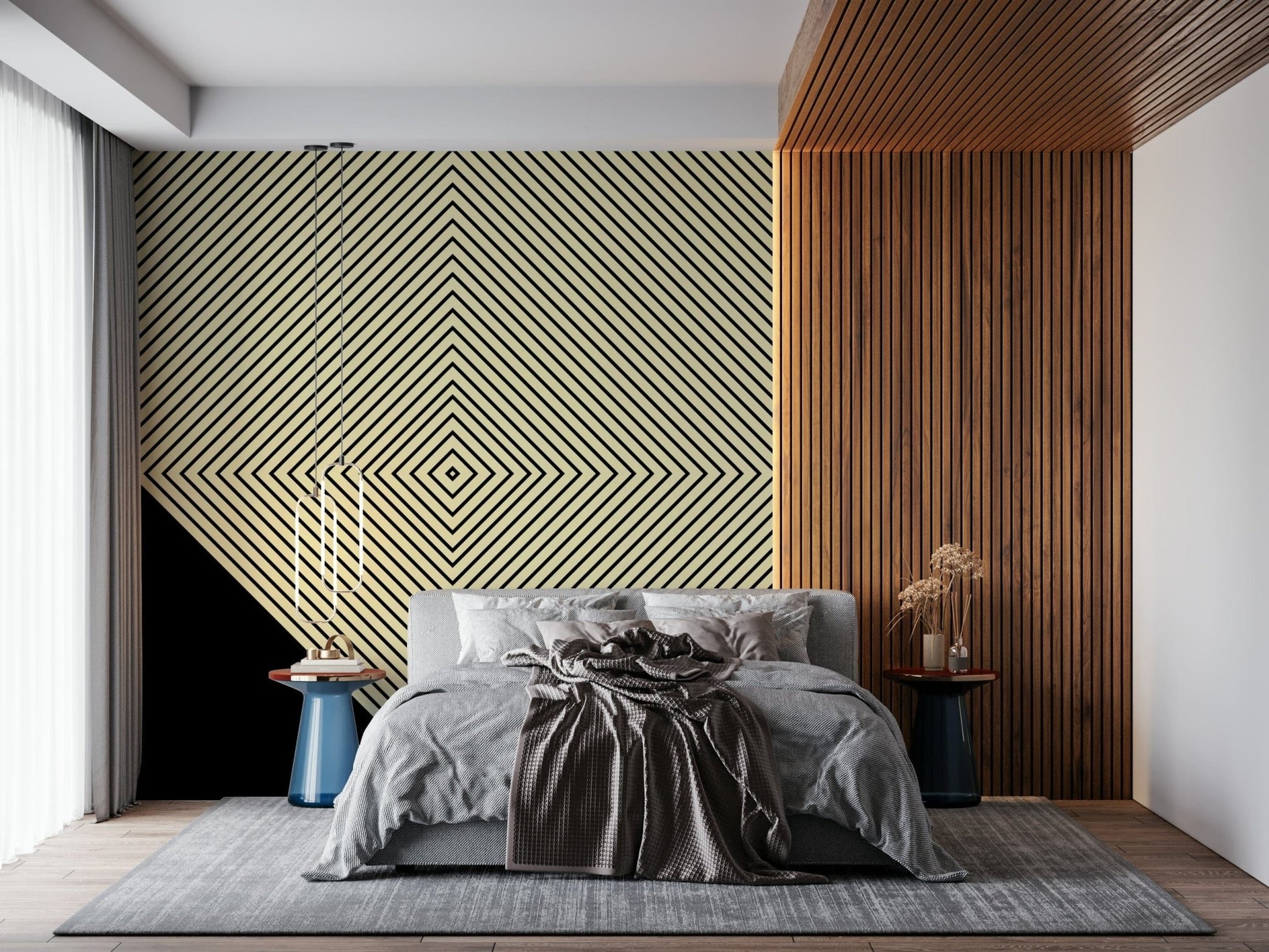 Modern geometric Abstract Monochrome Peak wallpaper featuring yellow and black blocks., GD6692