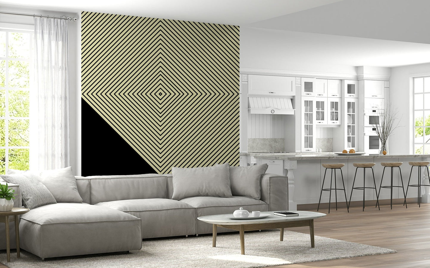 Abstract Monochrome Peak op art mural with concentric diagonal lines., GD6692