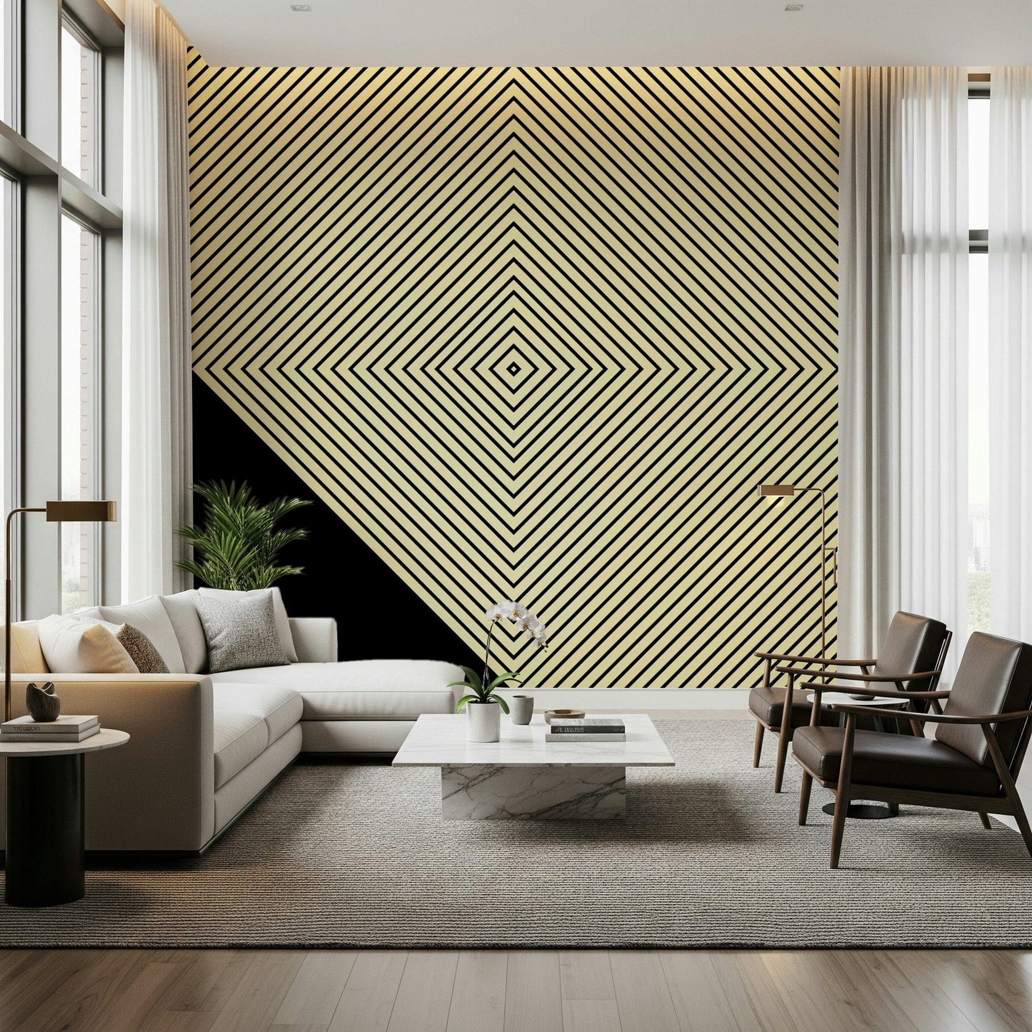 Abstract Monochrome Peak wall art featuring precise fine lines on a slanted background., GD6692