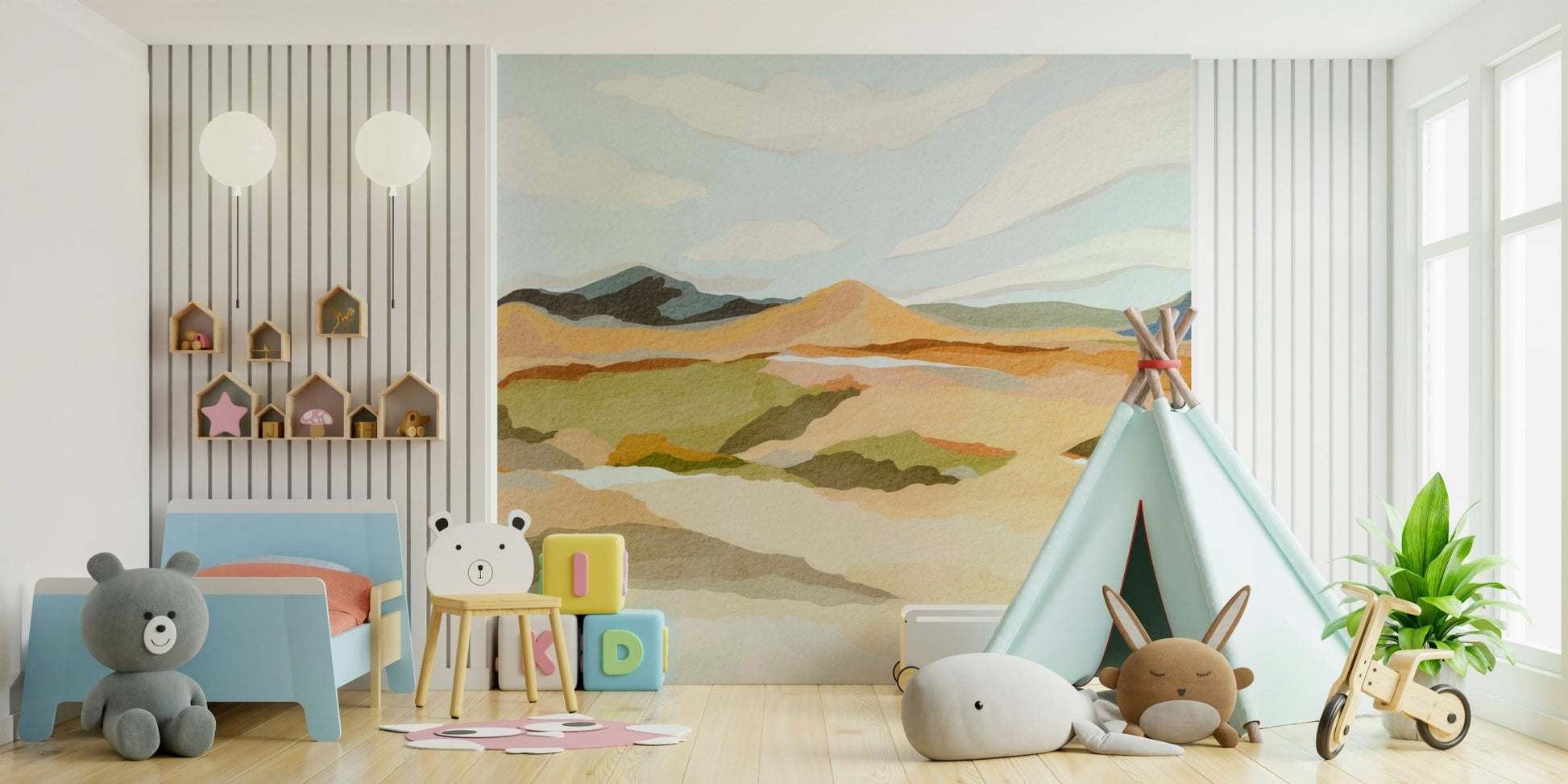 Bold artistic mountain mural for living spaces

