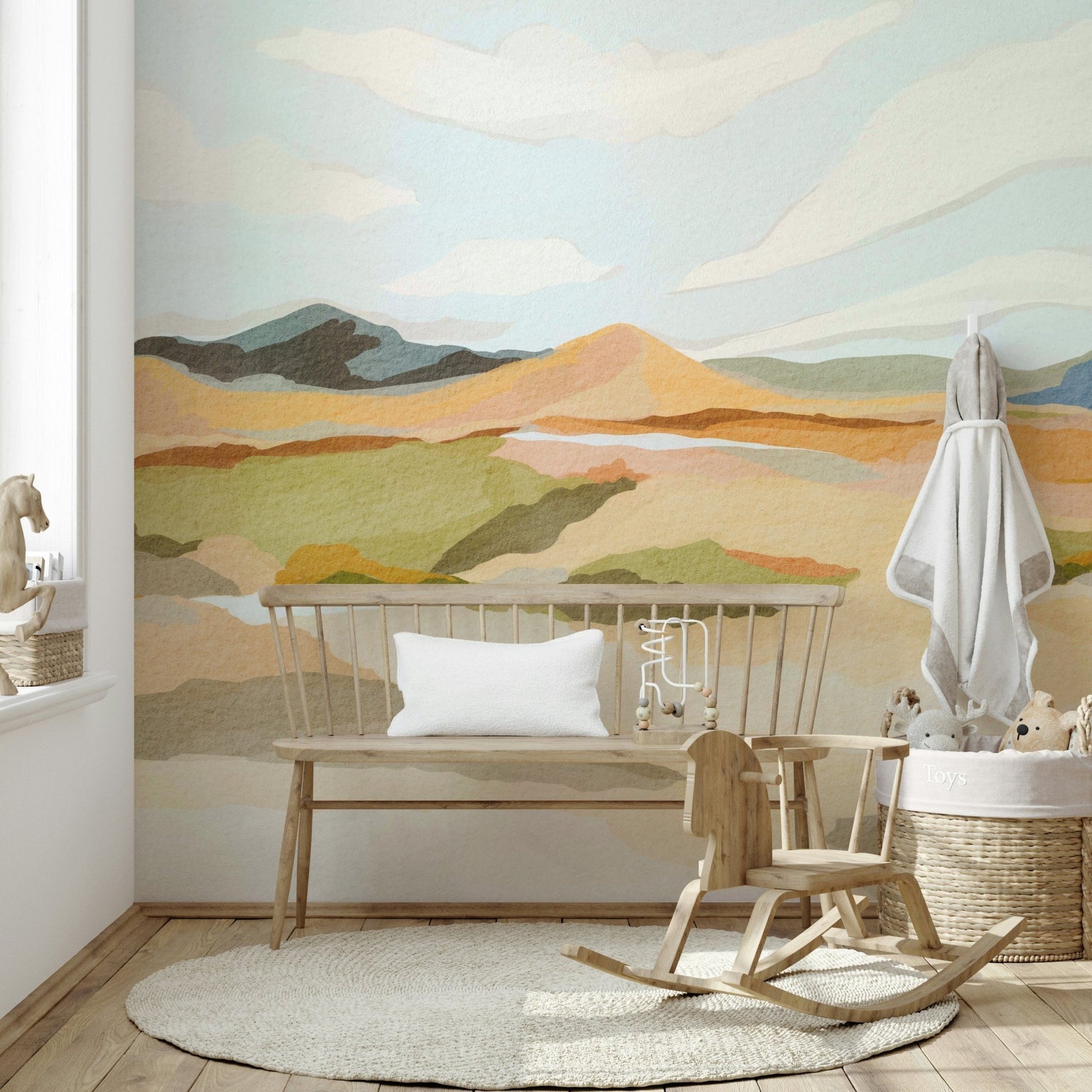 Geometric mountain range mural in earth tones

