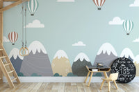Hot air balloons soaring over scenic peaks A890