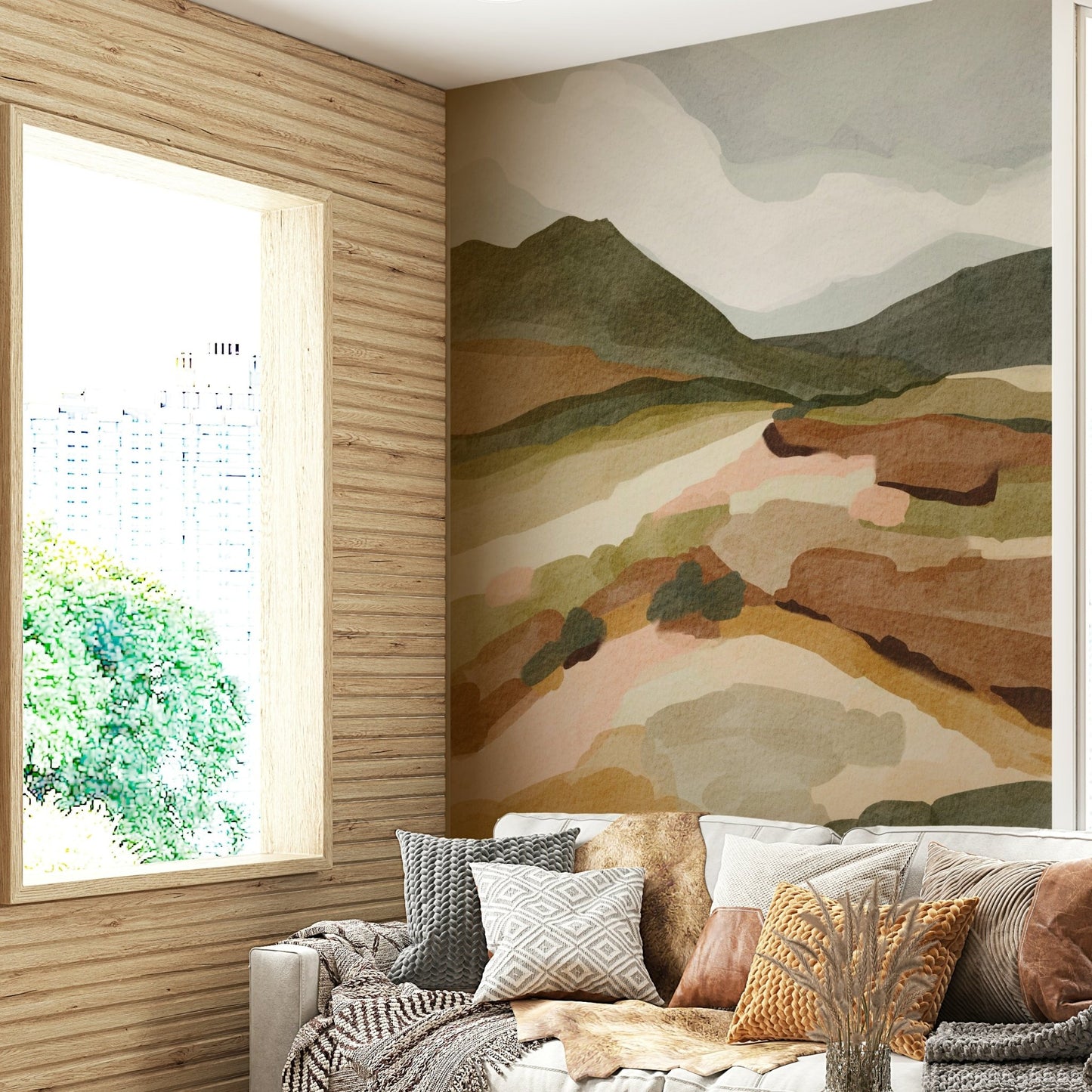 Abstract Mountainscape wall mural on living room wall

