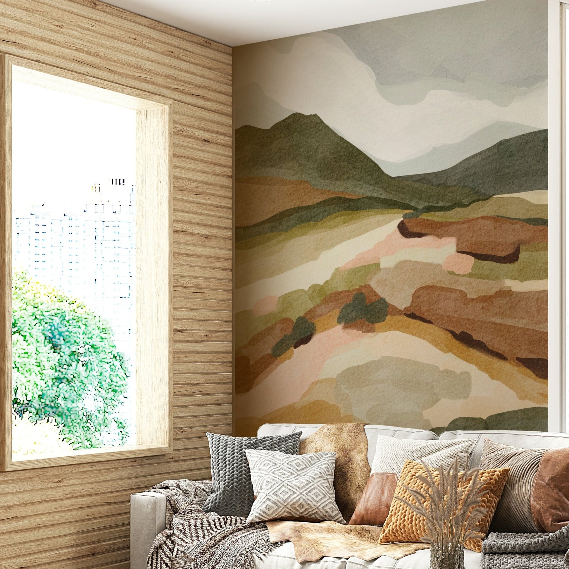 Abstract Mountainscape wall mural on living room wall

