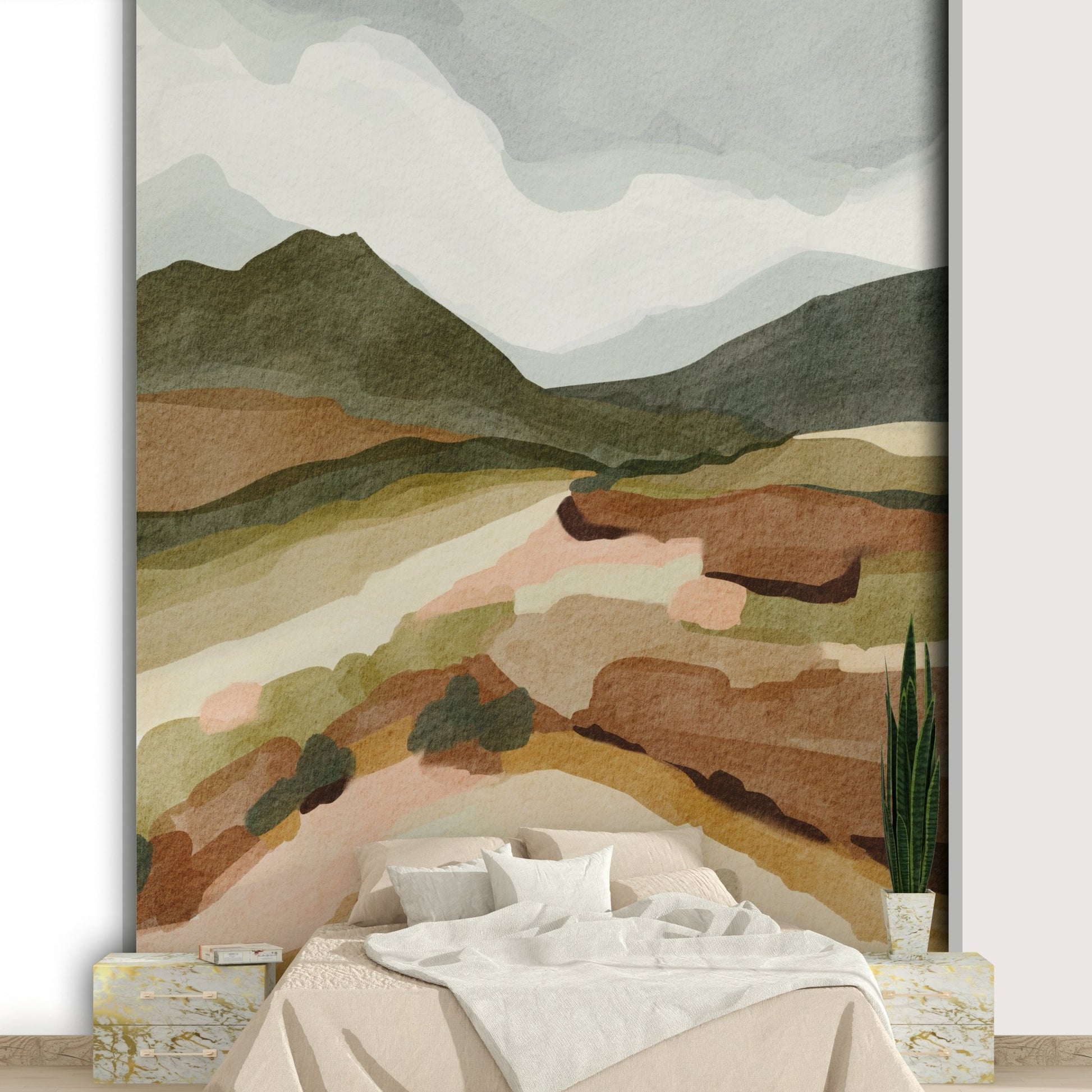 Office space with modern mountain wallpaper

