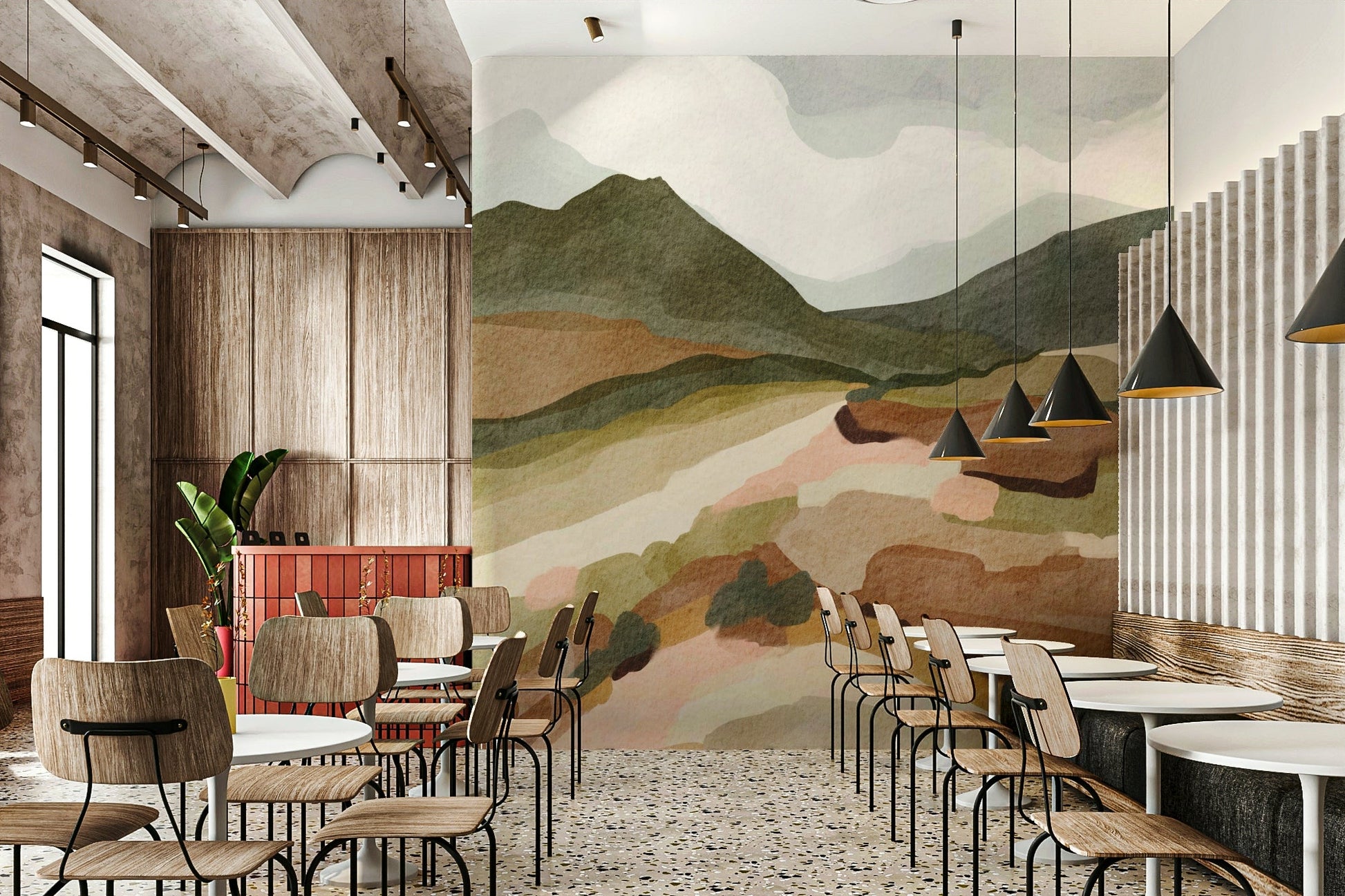 Bedroom decorated with abstract mountainscape mural

