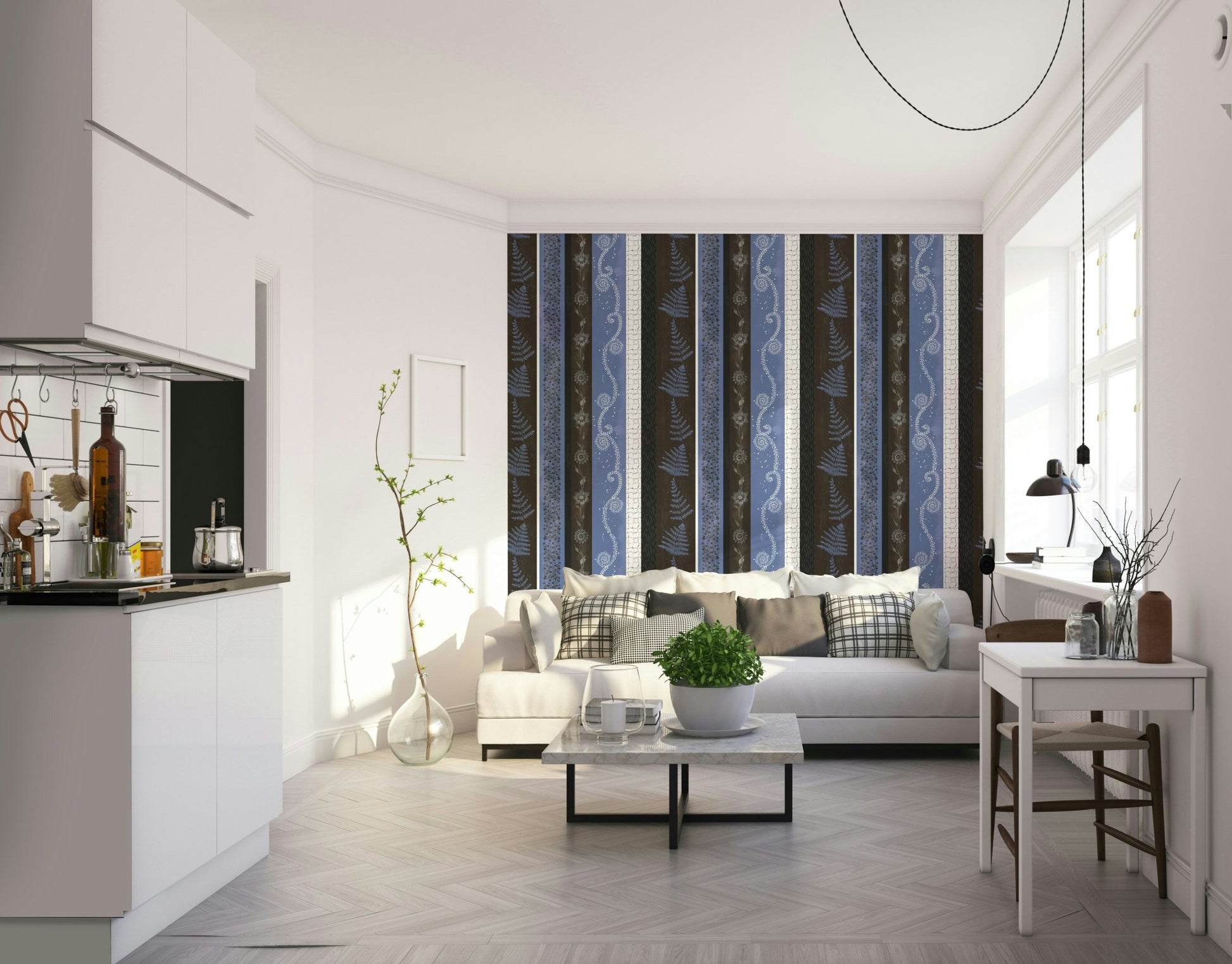 Wallpaper with various vertical stripes and different textures.

